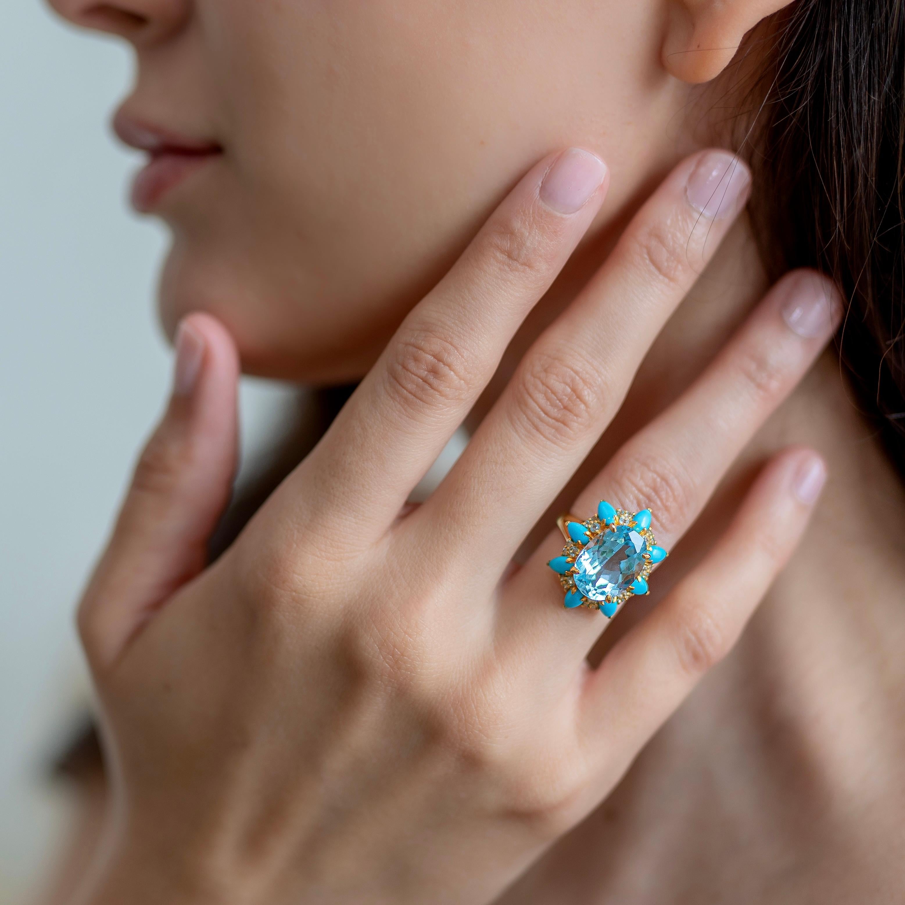 Brilliant Cut Kai Blue Topaz Turquoise Aquamarine Cocktail Ring For Sale