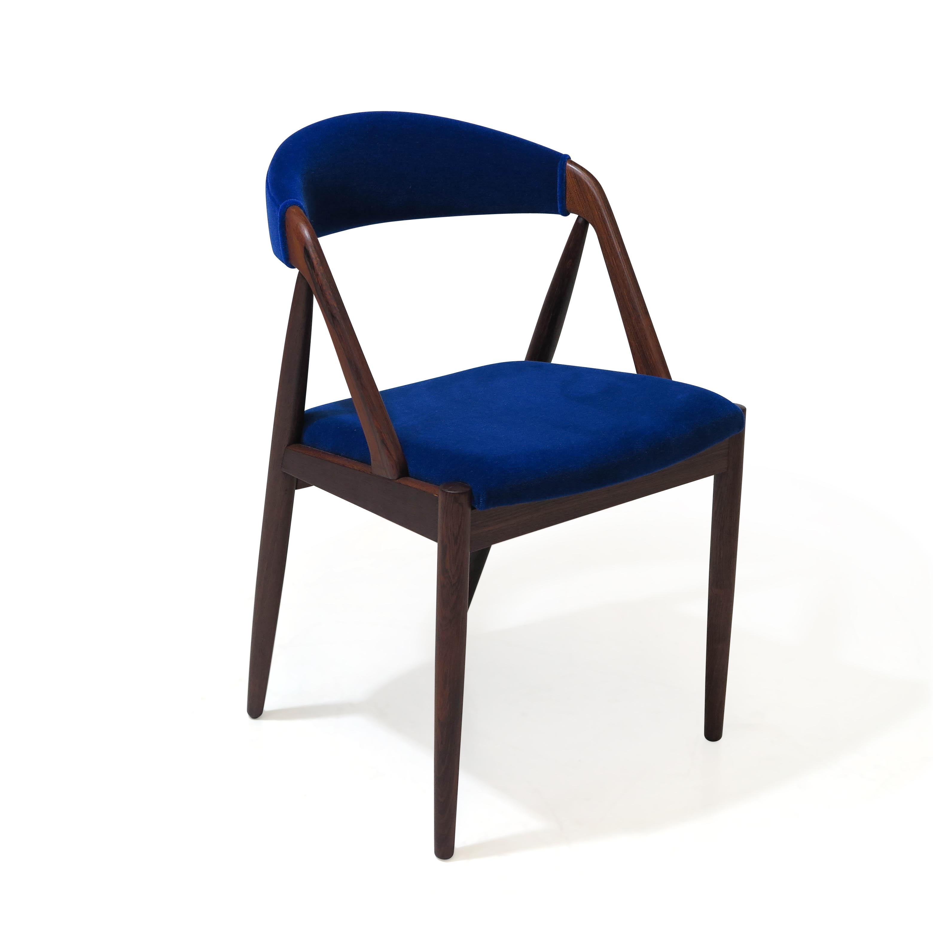 European Kai Chairs Rosewood Dining Chairs in Cobalt Royal Blue Mohair