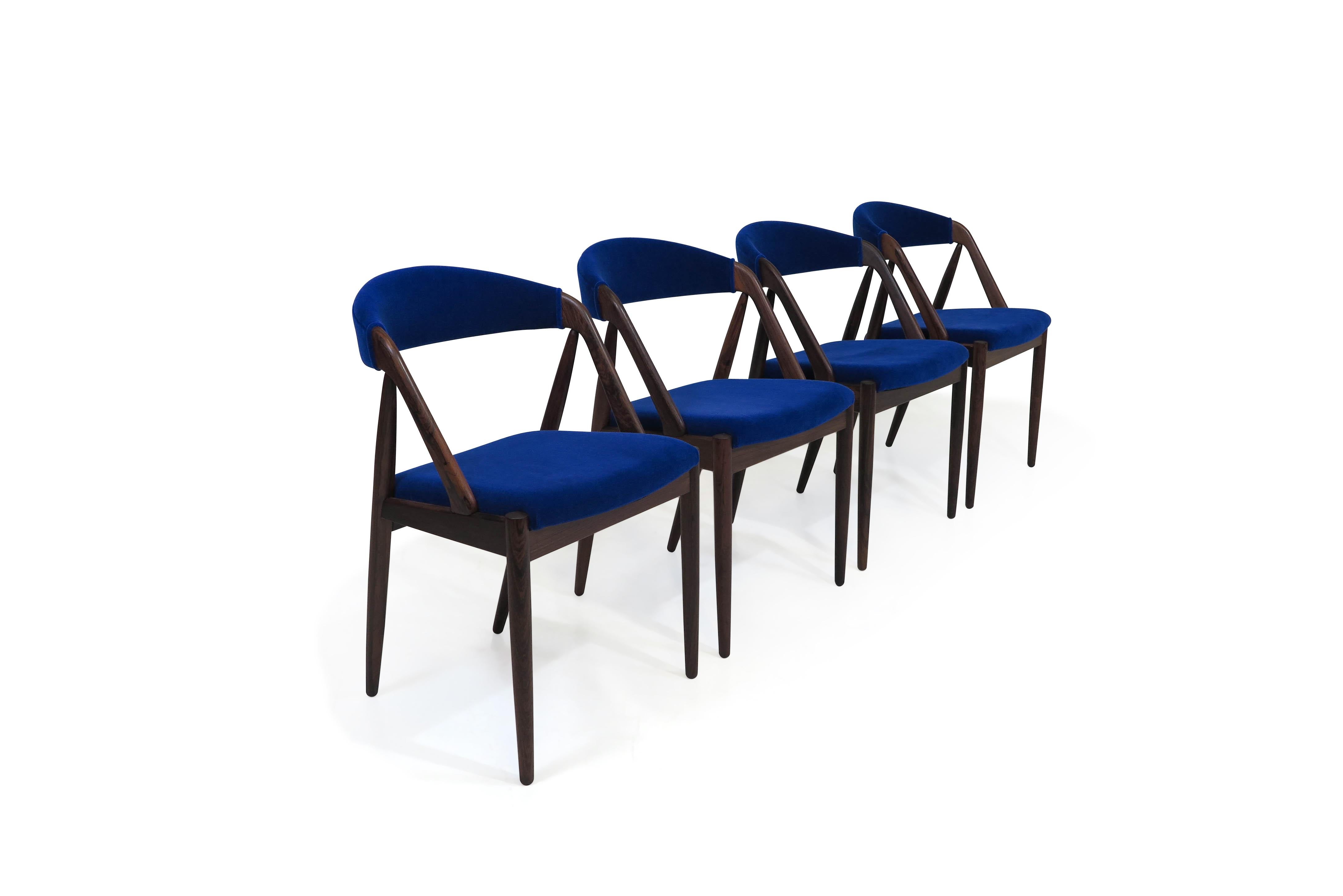 20th Century Kai Chairs Rosewood Dining Chairs in Cobalt Royal Blue Mohair