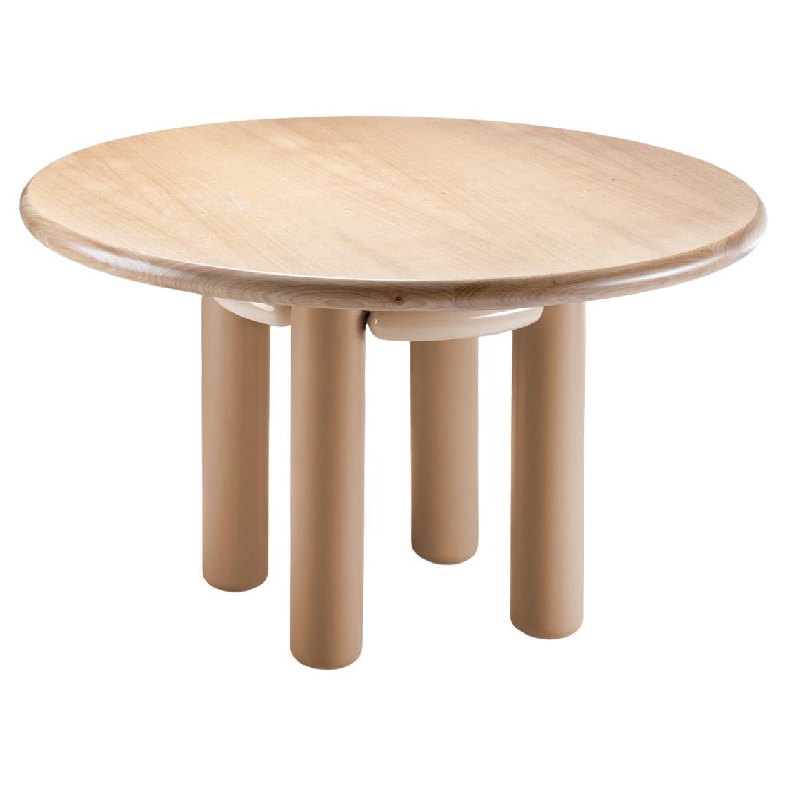 Kai Dinner Table, Powder Lacquered Wood Feet, Oak Top and Salmon Steel Structure For Sale