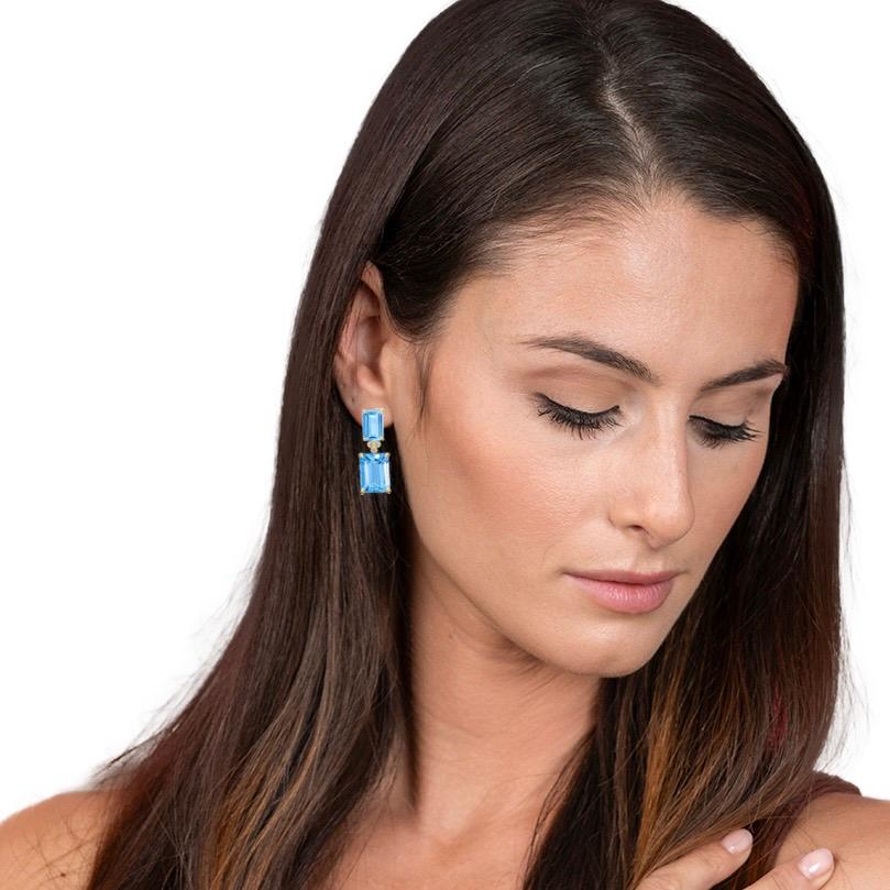 Arts and Crafts Kai Emerald-Cut 9ct Swiss Blue Topaz Diamond Drop Earrings For Sale