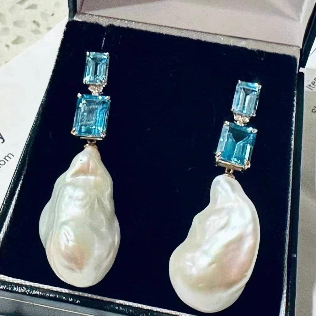 Kai Emerald-Cut 9ct Blue Topaz Diamond Baroque Pearl Convertible Drop Earrings In New Condition For Sale In Rowland Heights, CA