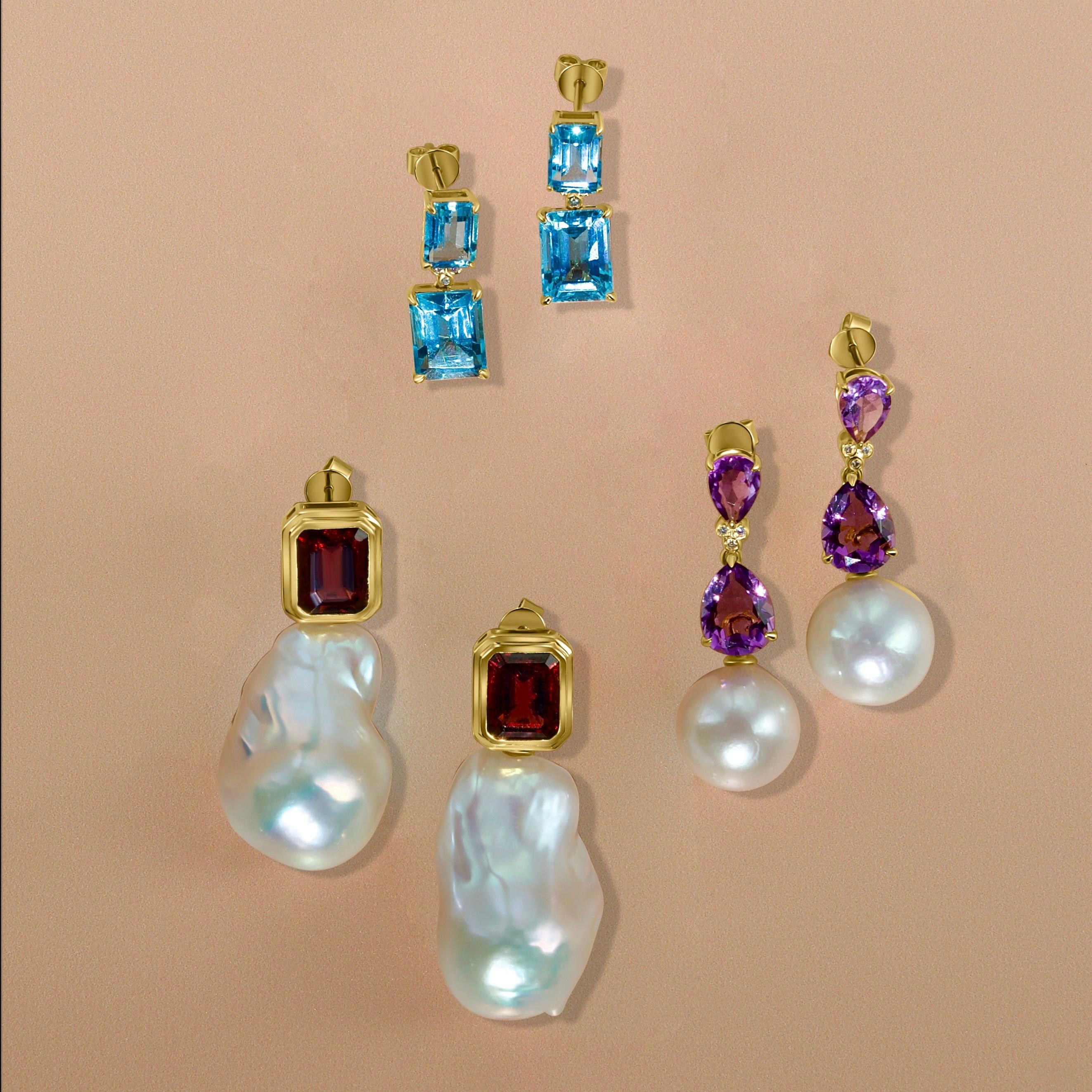 Kai Emerald-Cut 9ct Blue Topaz Diamond Baroque Pearl Convertible Drop Earrings For Sale 1
