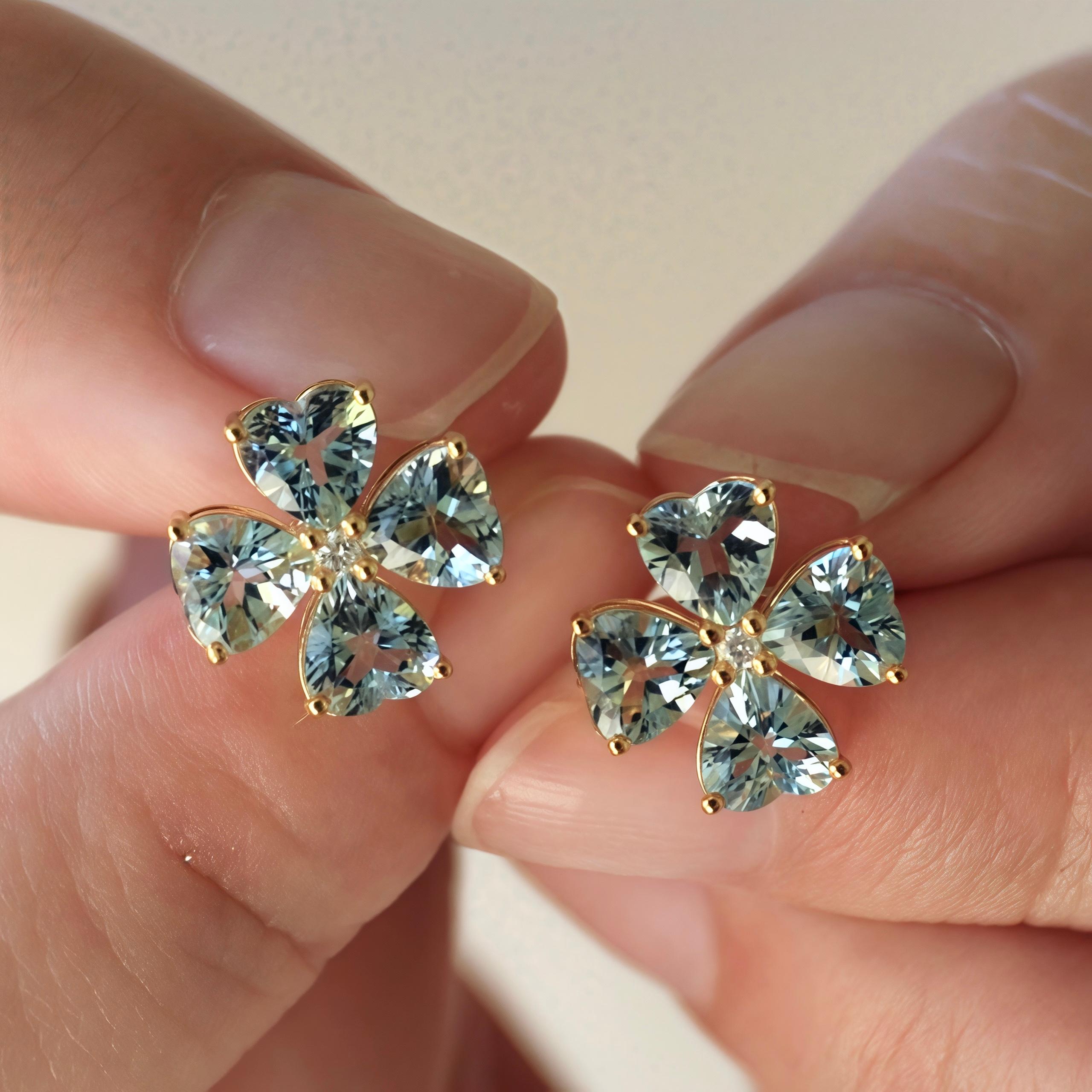 Modern Kai Felicia Aquamarine Diamond Clover Earrings in 14K Solid Gold