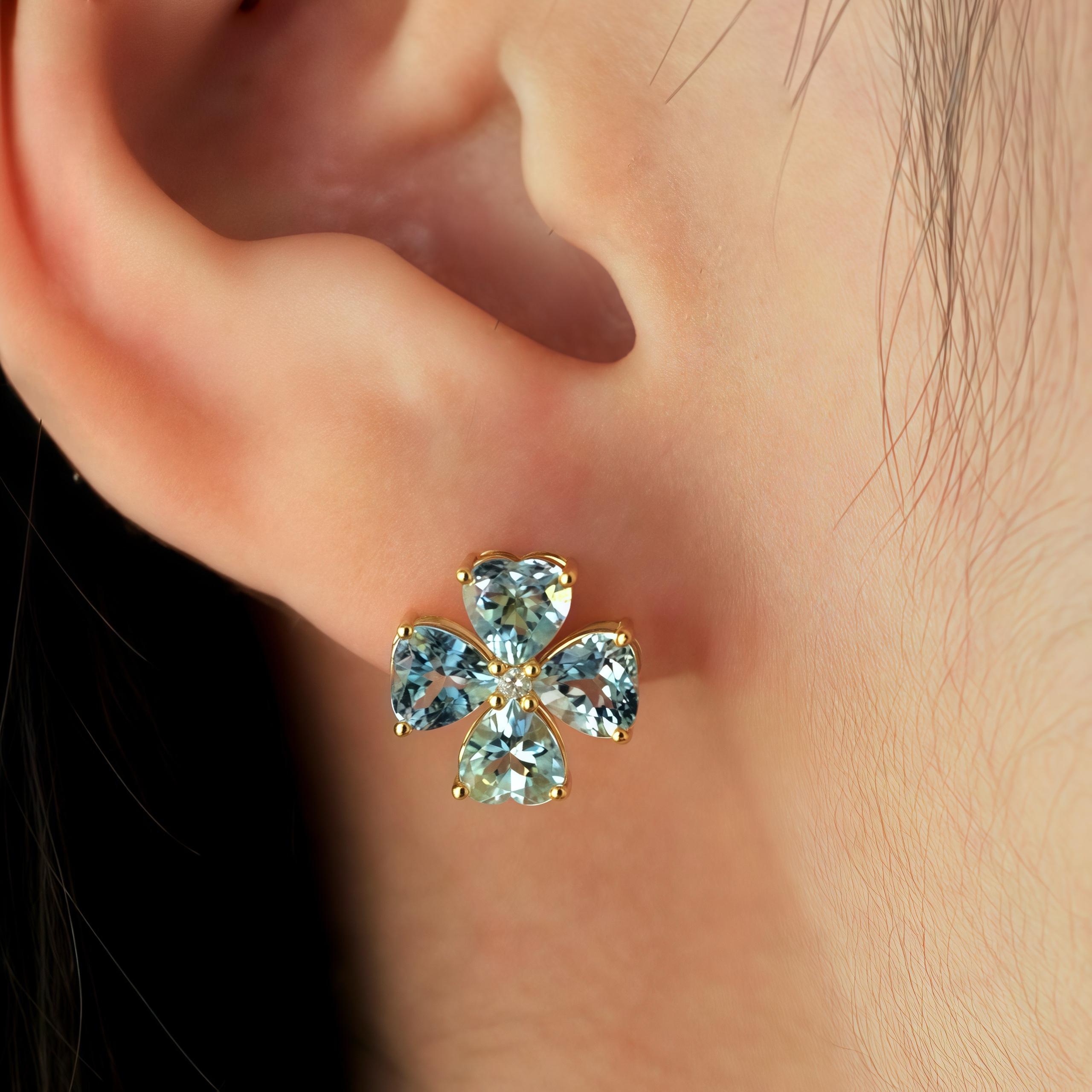 Heart Cut Kai Felicia Aquamarine Diamond Clover Earrings in 14K Solid Gold