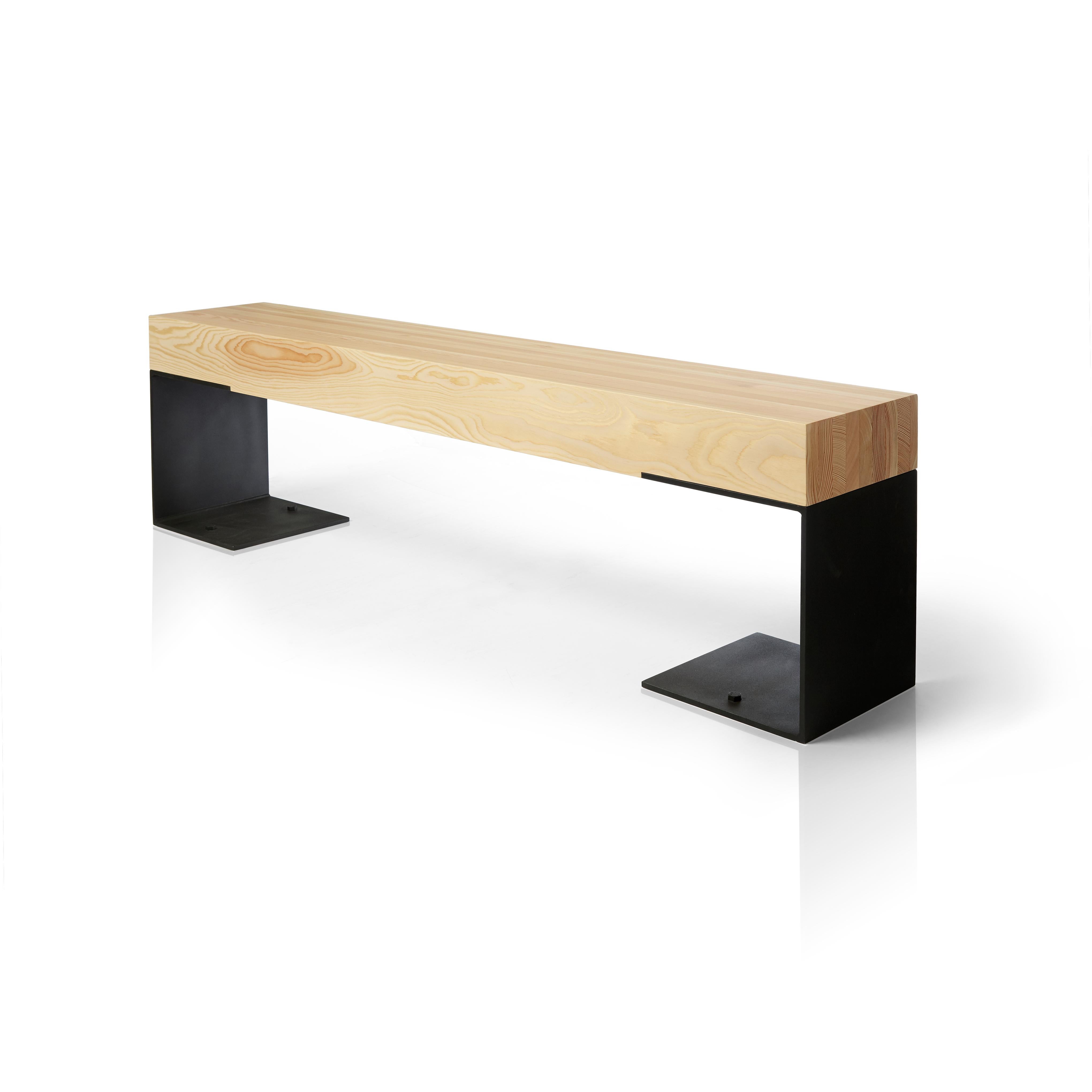 Modern Kai Solid Fir Wood and Black Steel Hallway Bench by Autonomous Furniture For Sale