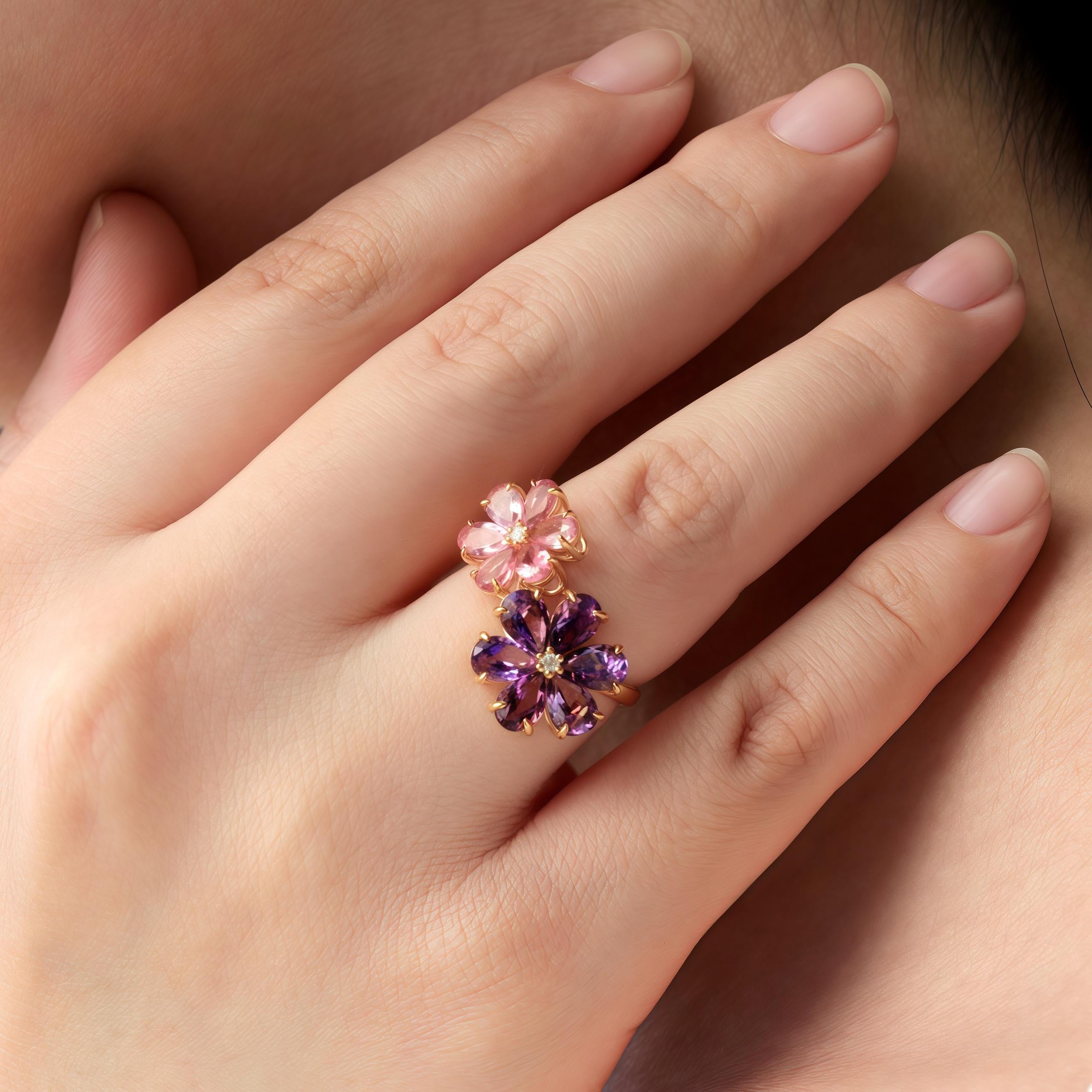 Kai's Flora Solid Gold Diamond Natural Amethyst and Pink Tourmaline Toi et Moi Double Flower Blossom Ring is an exquisite embodiment of nature's beauty and the symbolism of love. This vibrant ring showcases two intricately crafted flowers—one