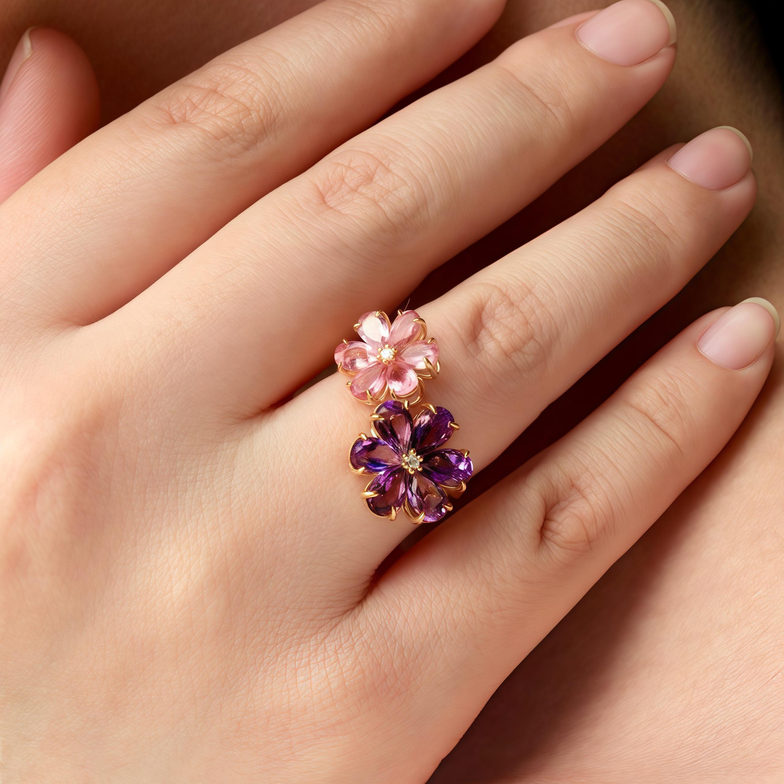 Modern Kai Flora Blossom Amethyst and Pink Tourmaline Toi et Moi Ring For Sale