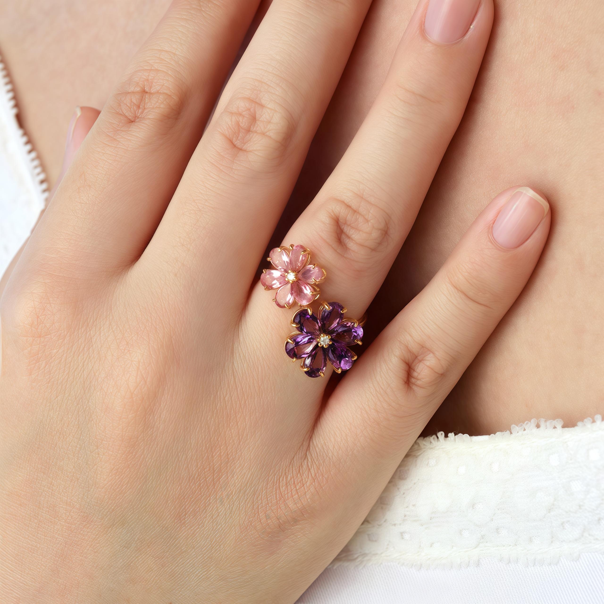 Pear Cut Kai Flora Blossom Amethyst and Pink Tourmaline Toi et Moi Ring For Sale