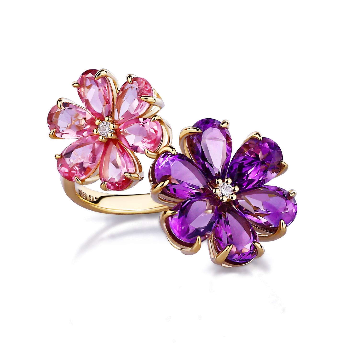 Kai Flora Blossom Amethyst and Pink Tourmaline Toi et Moi Ring In New Condition For Sale In Rowland Heights, CA