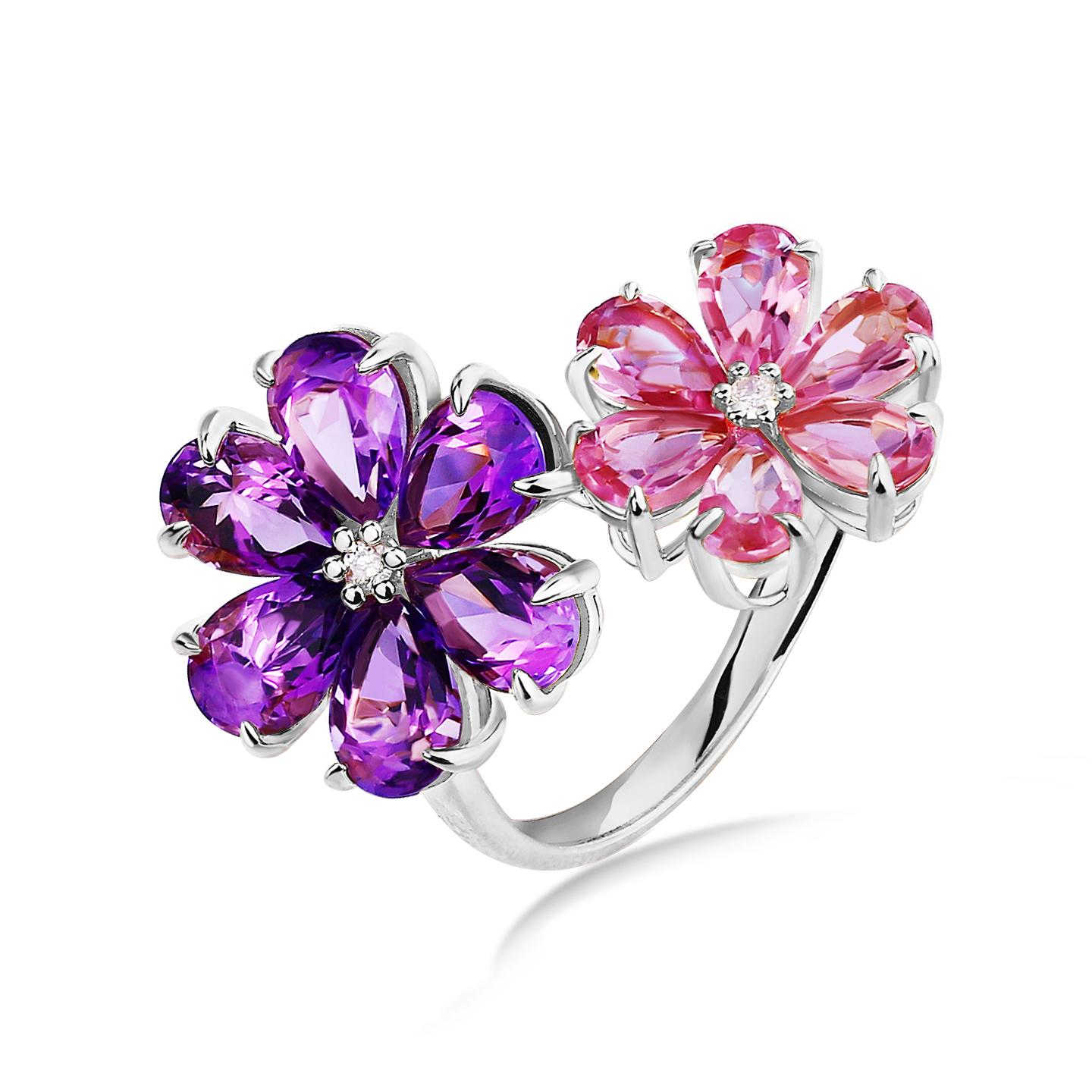 Women's Kai Flora Blossom Amethyst and Pink Tourmaline Toi et Moi Ring For Sale