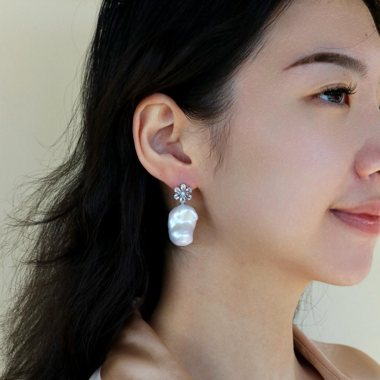 Modern Kai Flora Blossom 2.63 ctw Aquamarine Diamond Baroque Pearl Convertible Earrings For Sale