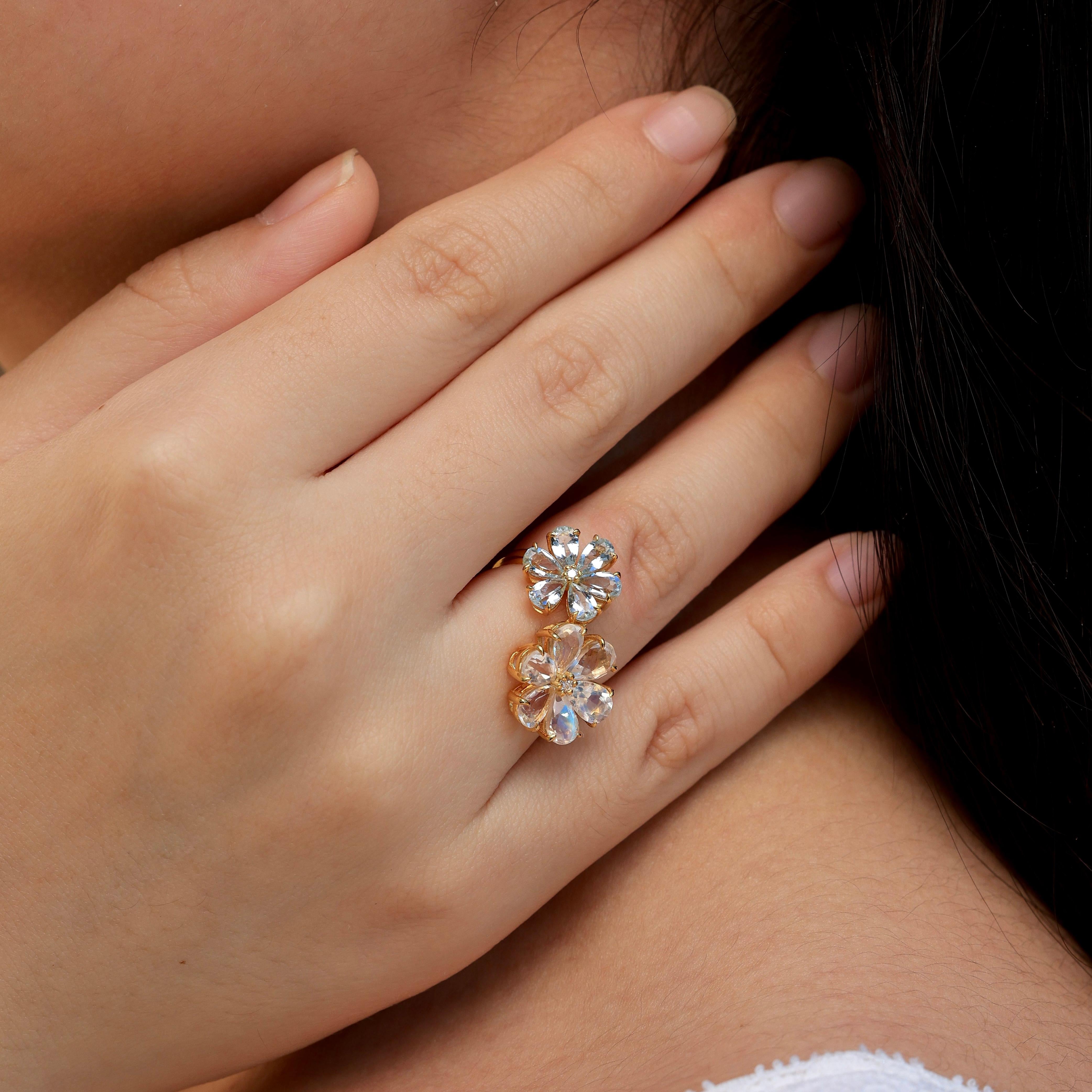 Modern Kai Flora Blossom Moonstone and Aquamarine Toi et Moi Ring For Sale