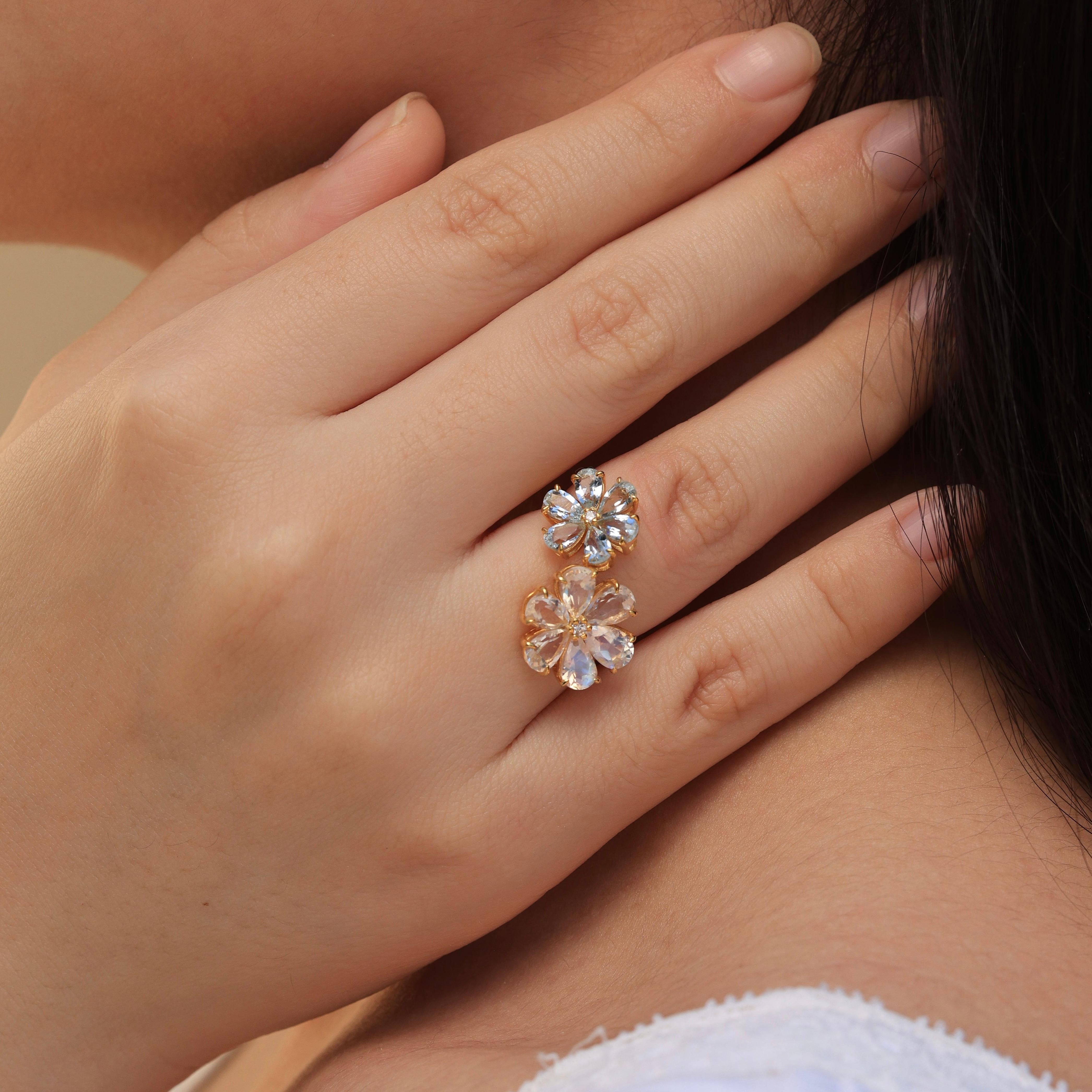 Women's Kai Flora Blossom Moonstone and Aquamarine Toi et Moi Ring For Sale