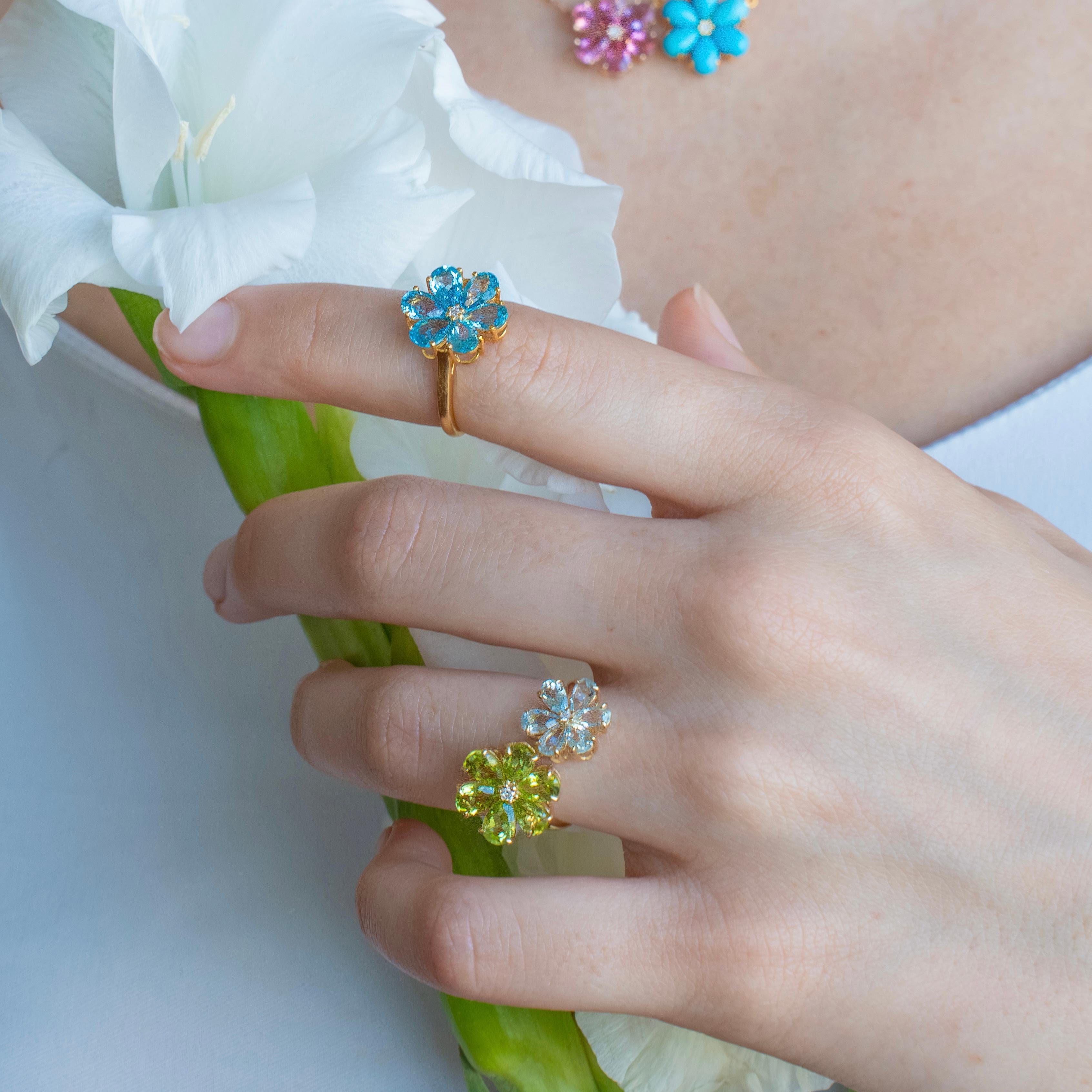 Kai Flora Blossom Periot and Aquamarine Diamond Cocktail Ring For Sale 1