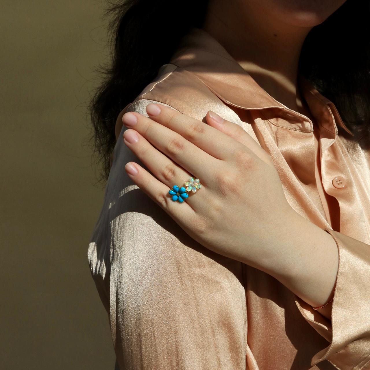 Modern Kai Flora Blossom Turquoise and Opal Diamond Cocktail Ring For Sale