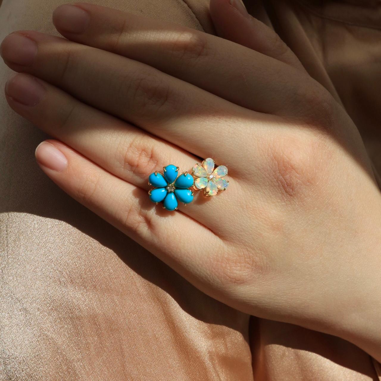 Kai Flora Blossom Turquoise and Opal Diamond Cocktail Ring In New Condition For Sale In Rowland Heights, CA