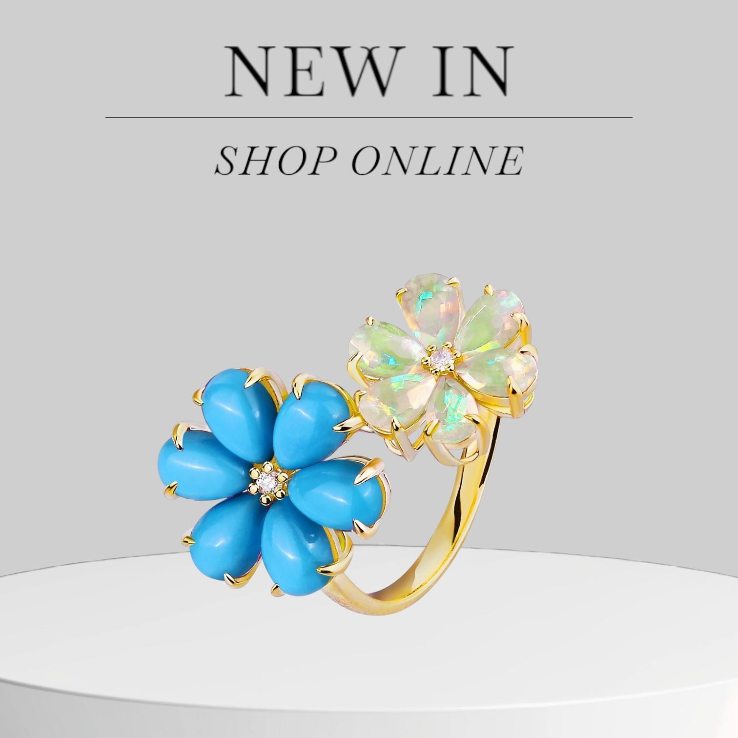 Pear Cut Kai Flora Blossom Turquoise and Opal Diamond Cocktail Ring For Sale