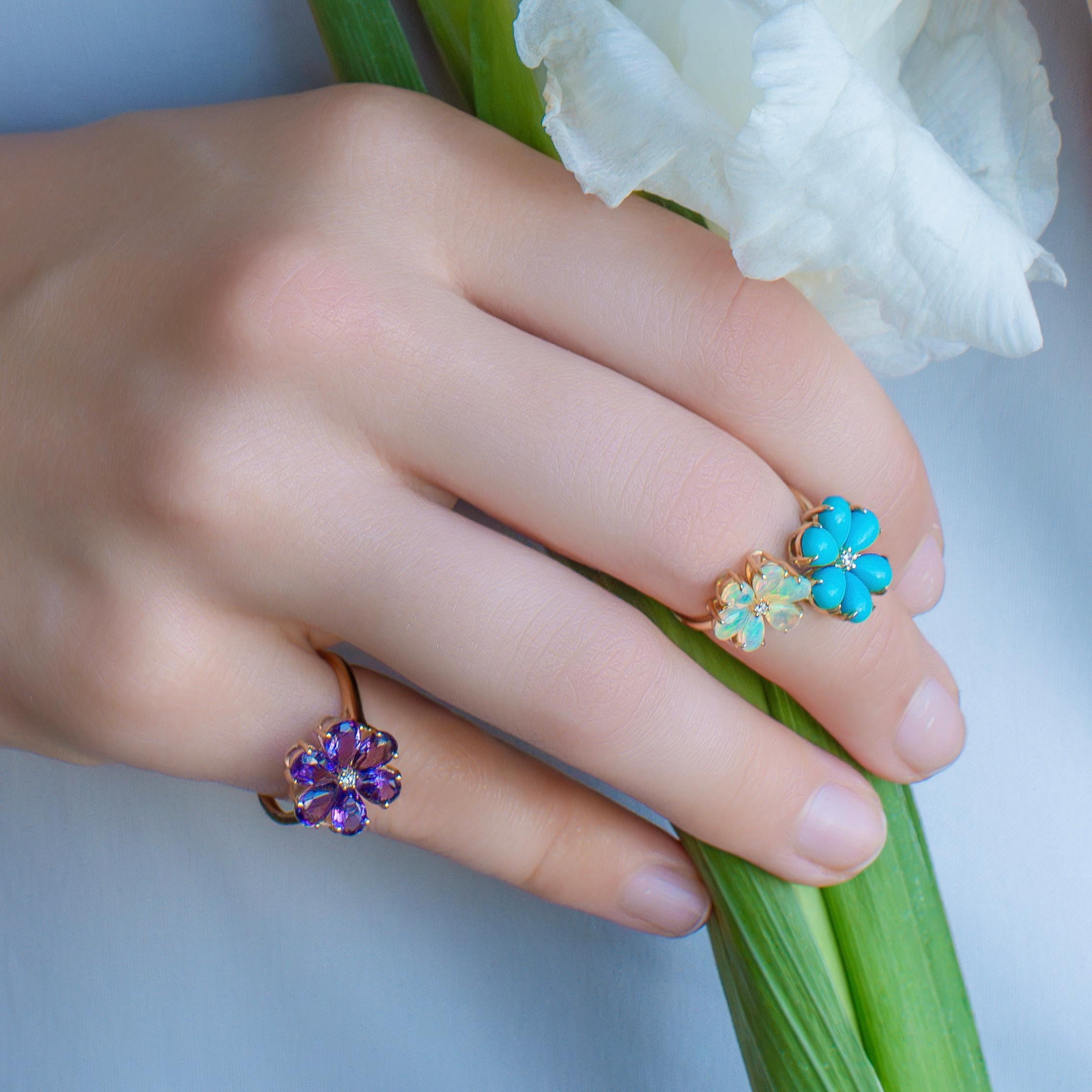 Women's Kai Flora Blossom Turquoise and Opal Diamond Cocktail Ring For Sale