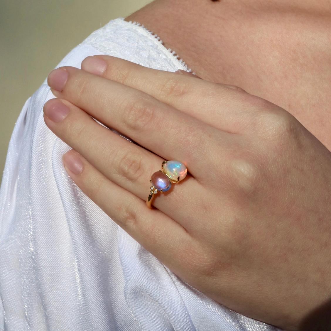 For Sale:  Kai Fortune Rainbow Blue Moonstone Fire Opal Diamond Toi et Moi Ring 2