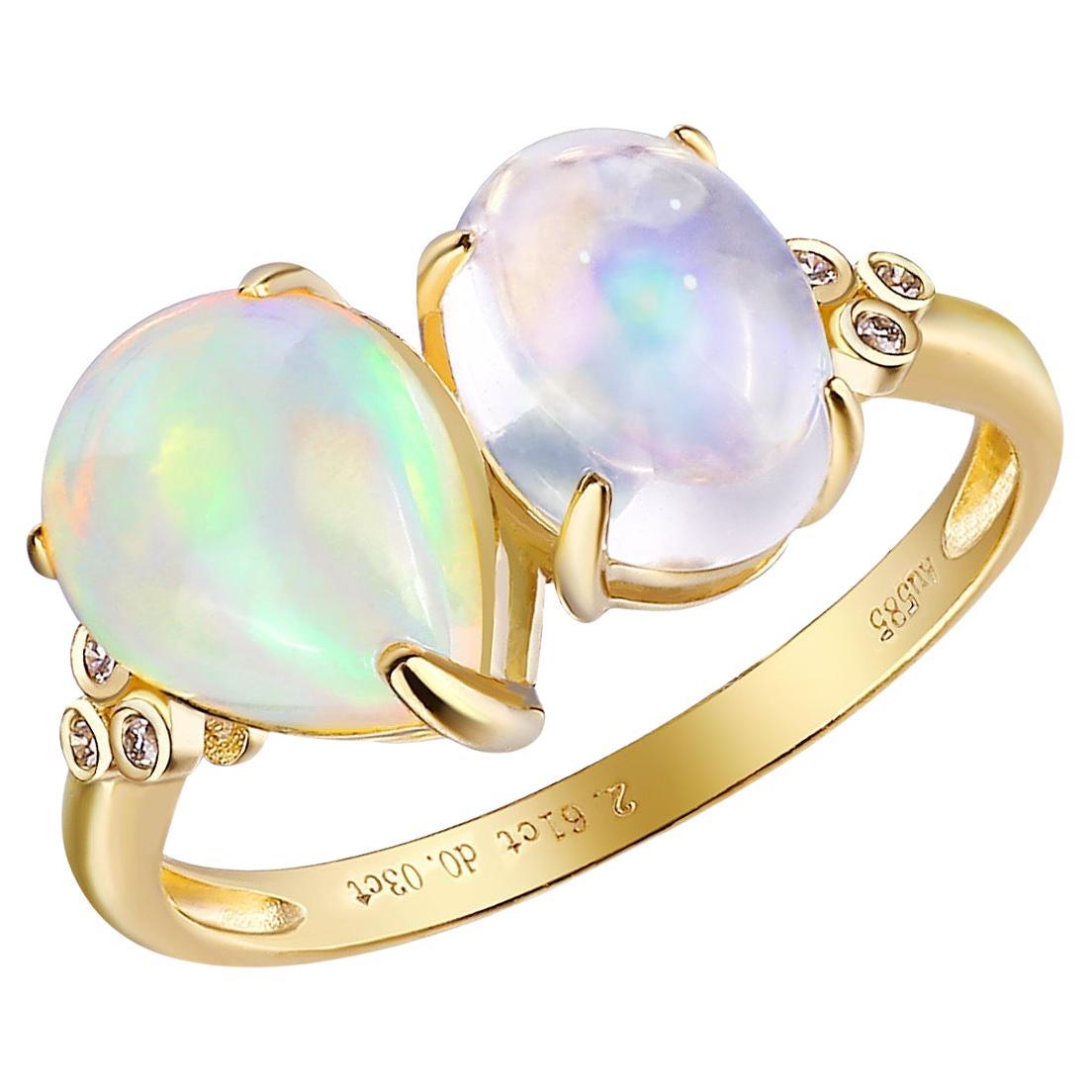 Kai Fortune Rainbow Blue Moonstone Fire Opal Diamond Toi et Moi Ring