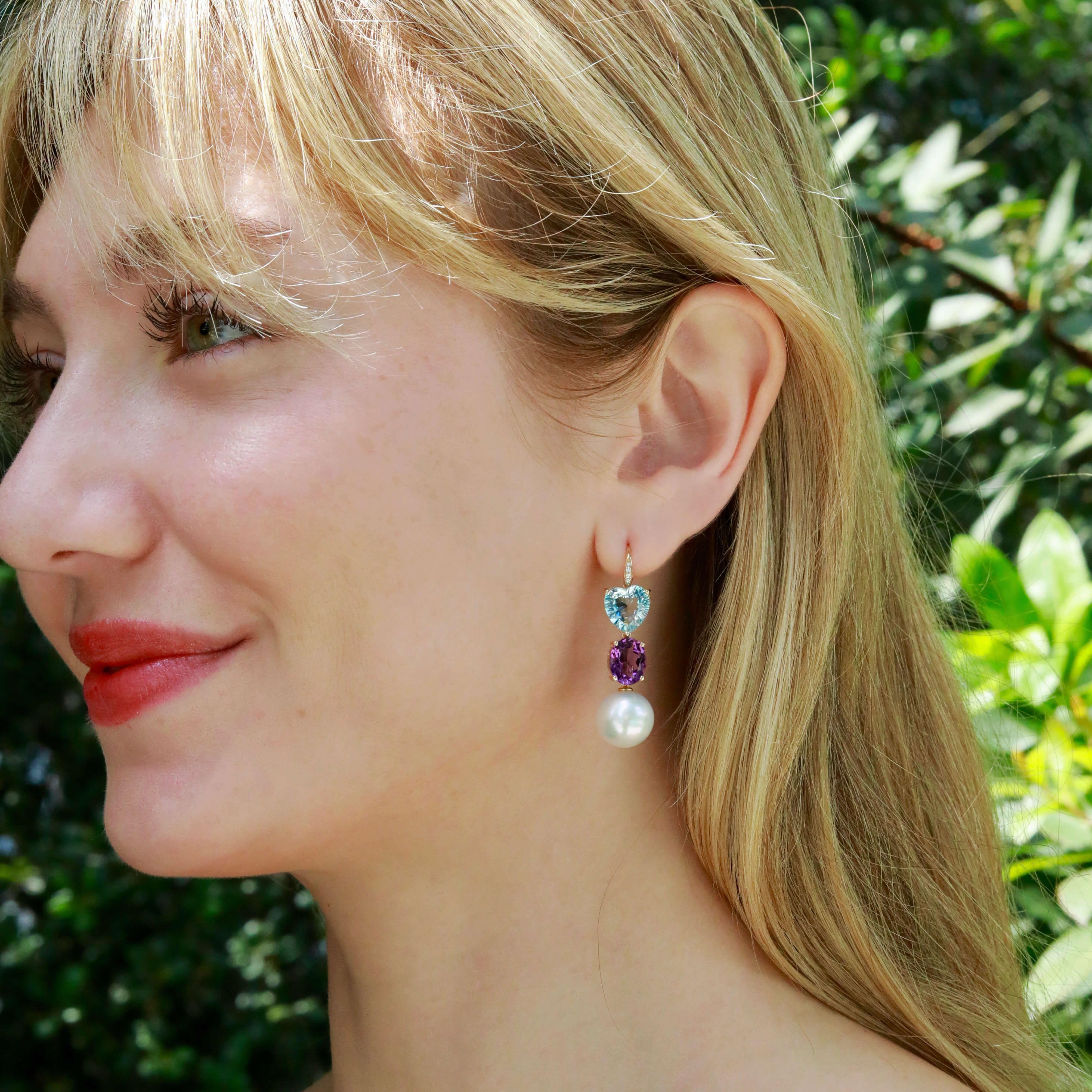 Moderno Kai GemFusion 14,85ctw Topazio Ametista Diamante Perla Orecchini pendenti convertibili in vendita
