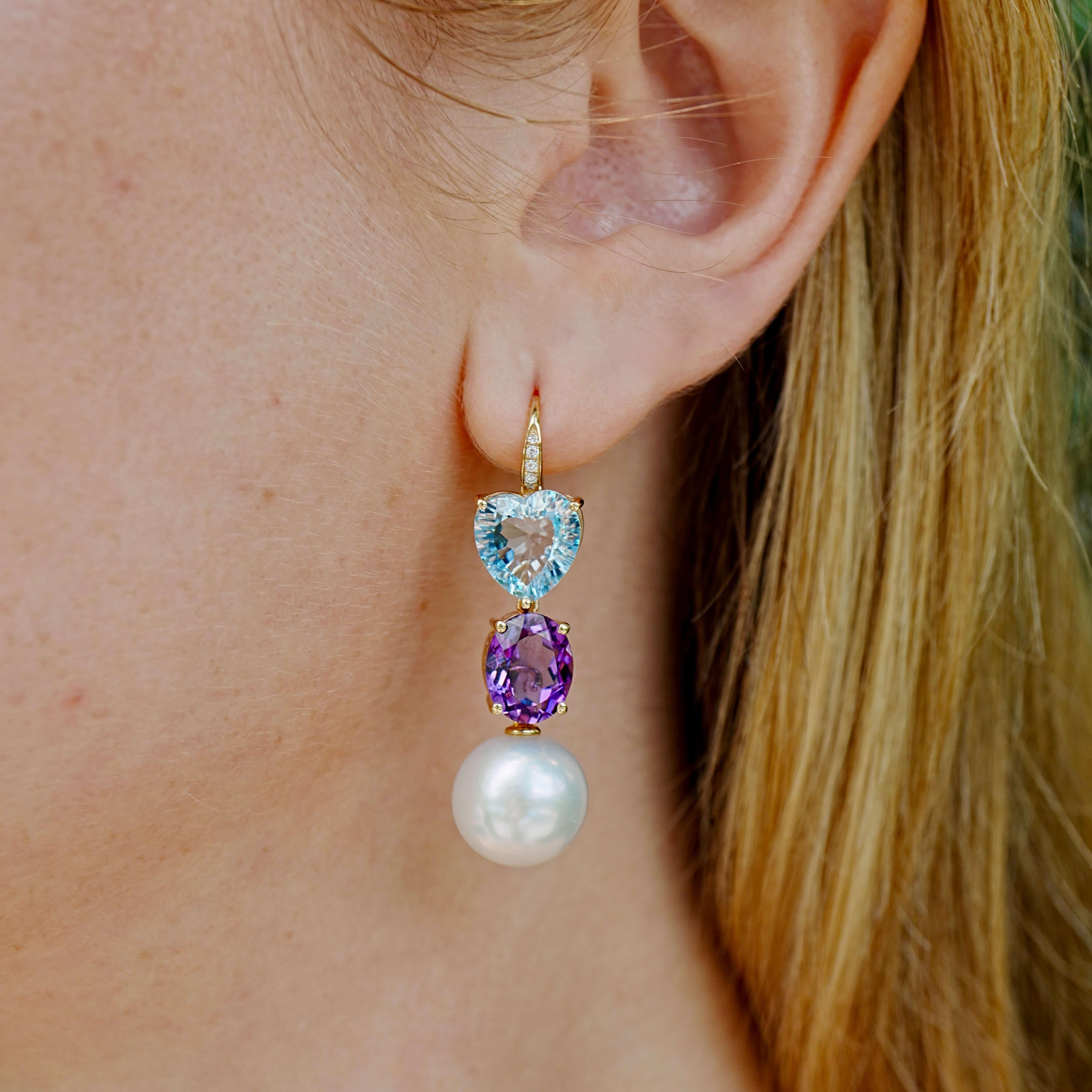 Kai GemFusion 14,85ctw Topazio Ametista Diamante Perla Orecchini pendenti convertibili In condizioni Nuovo in vendita a Rowland Heights, CA