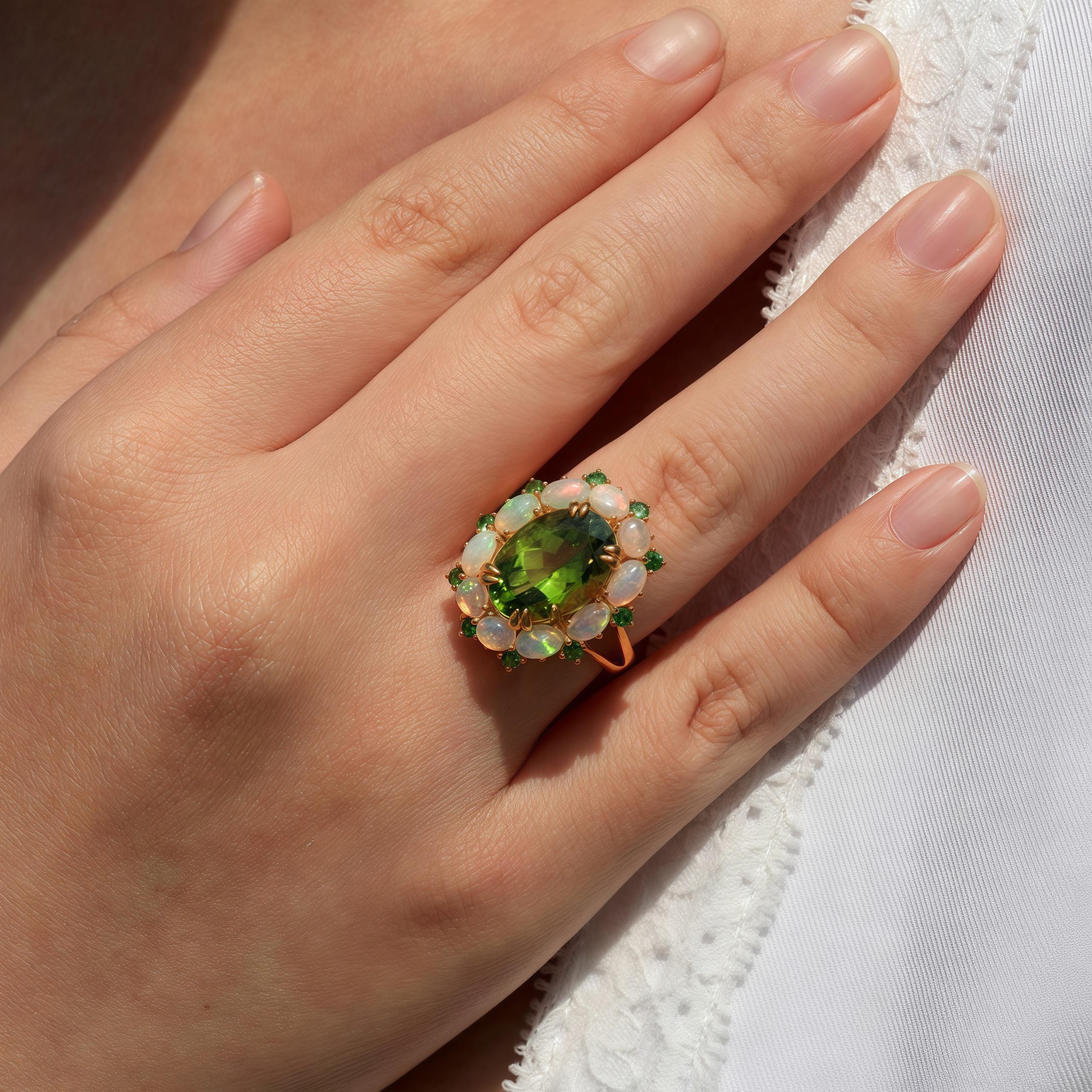Scopri il Kai's Green Peridot Opal Tsavorite Cluster Cocktail Ring, un capolavoro straordinario che fonde l'energia vibrante del peridoto verde, il luccichio misterioso degli opali e il fascino profondo della tsavorite in un unico design