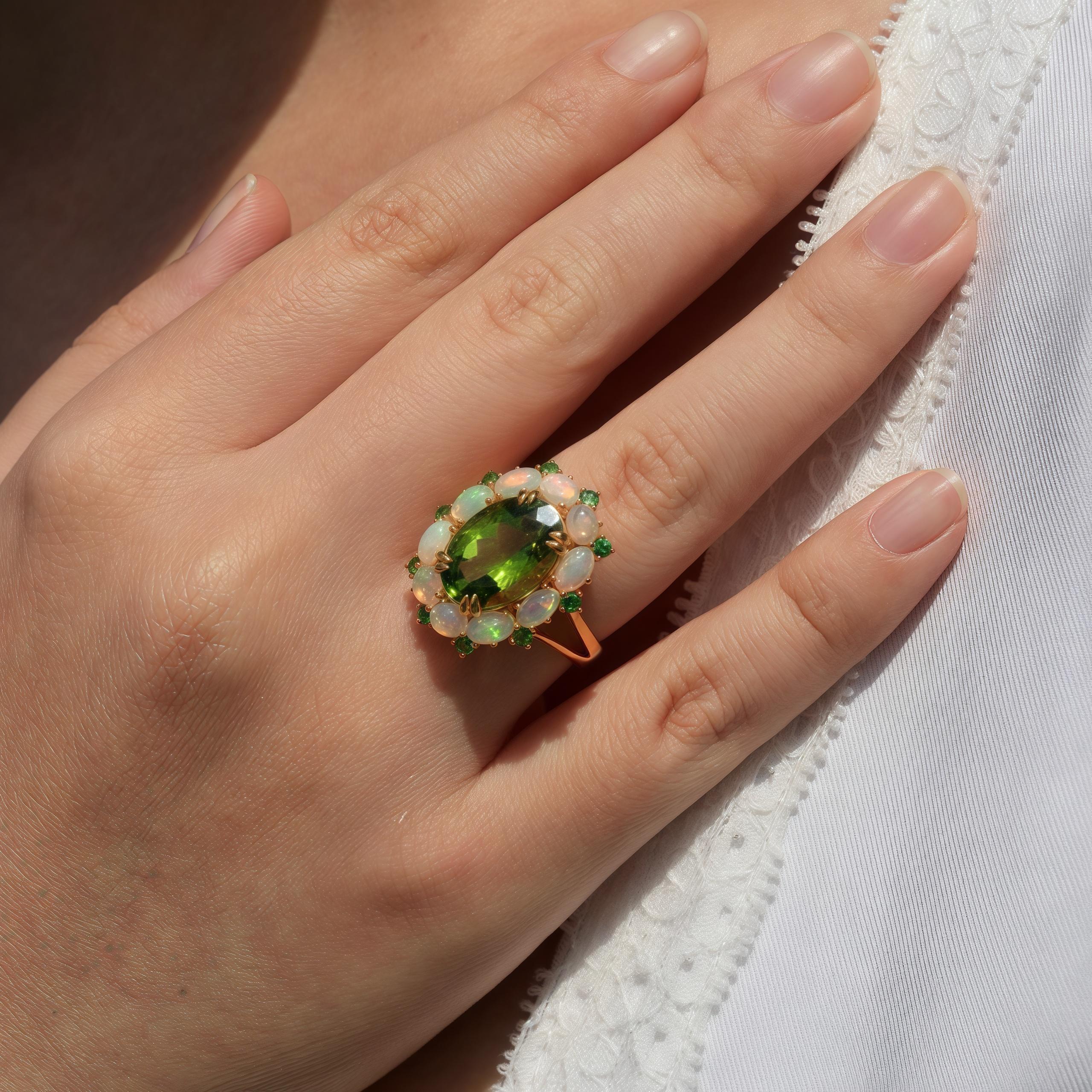 Moderno Kai Kai Green Peridot Opal Tsavorite Cluster Cocktail Ring in vendita