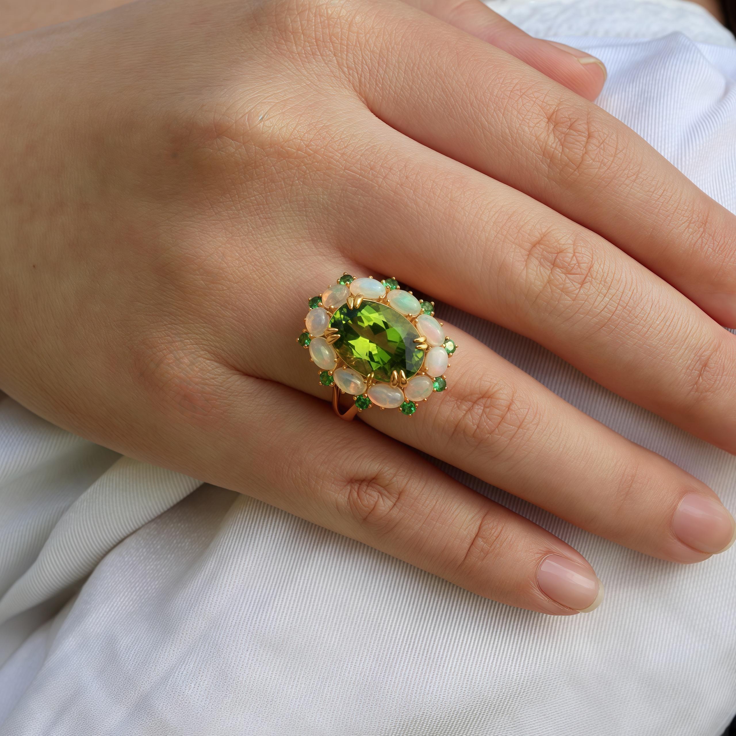 Taglio misto Kai Kai Green Peridot Opal Tsavorite Cluster Cocktail Ring in vendita