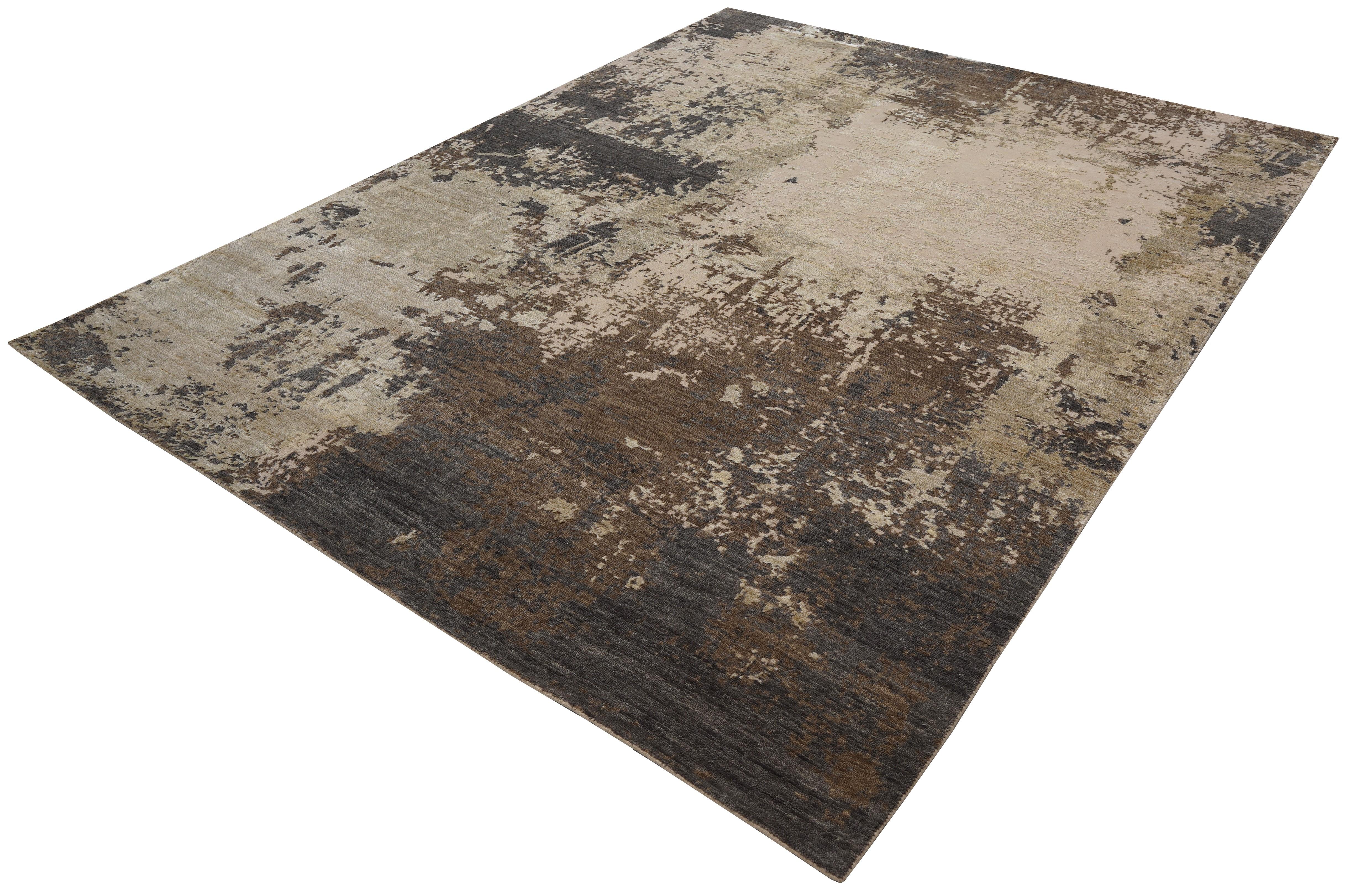Kai Hand Knotted Modern Silk Rug in Blue Gold & Charcoal Ivory Colours by Hands (Handgeknüpft) im Angebot
