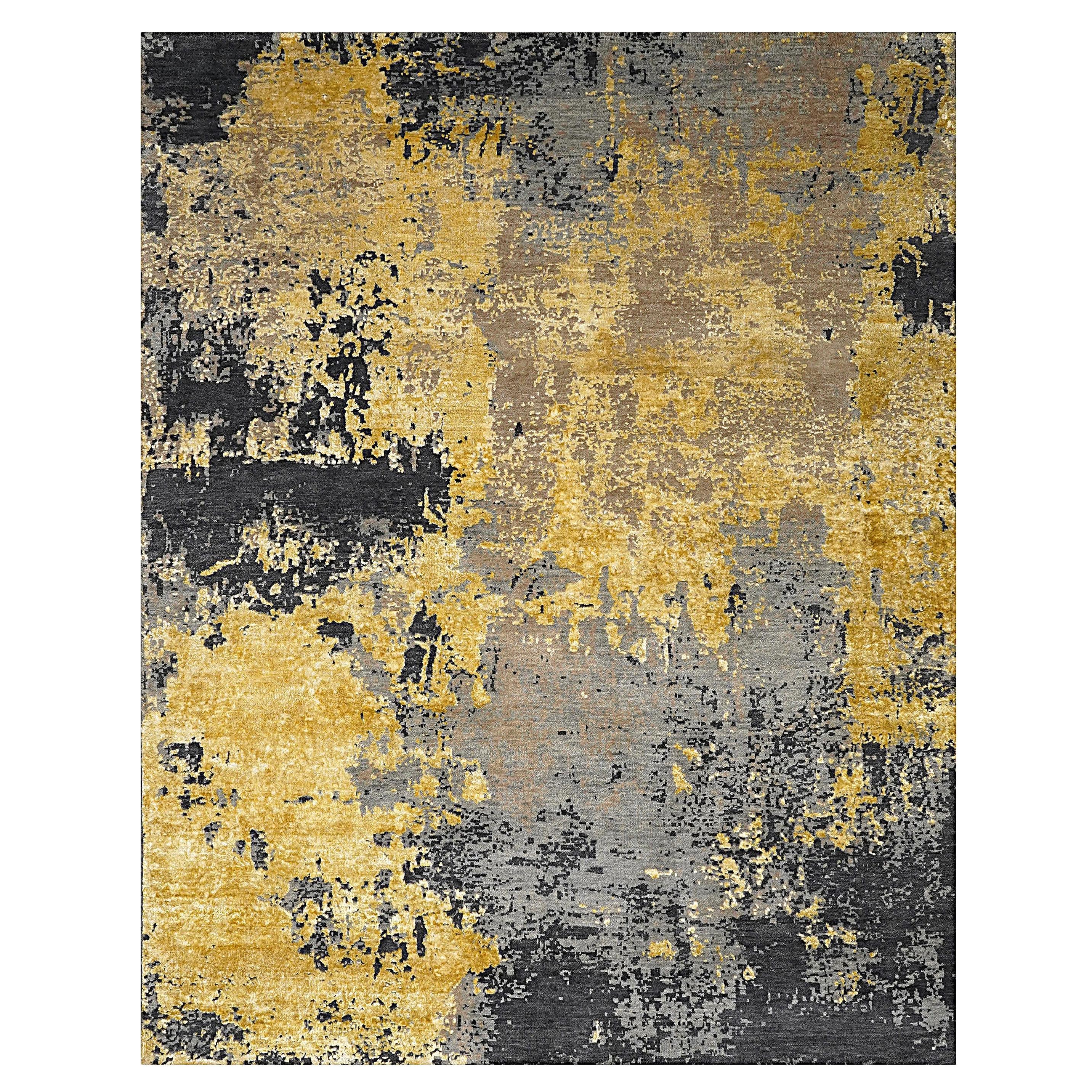 Kai Hand Knotted Modern Silk Rug in Blue Gold & Charcoal Ivory Colours by Hands