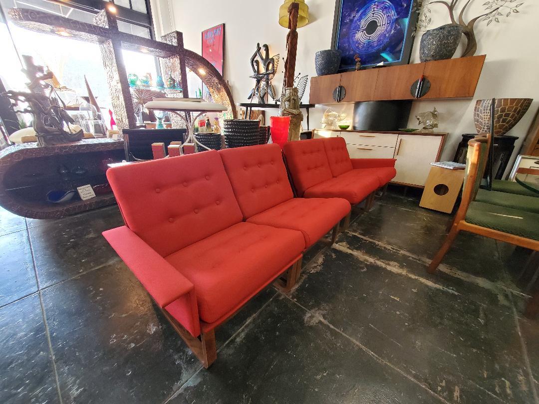 1950s Kai Kristiansen Danish Rosewood 4 piece sofa For Magnus Olesen Made In Denmanrk.
Beautiful Rosewood, And Red Upholstered Seating. 
Each Chair Or Section Has It's Own Rosewood Frame With It's Own Magnus Olesen, Durup Denmark Label.
This