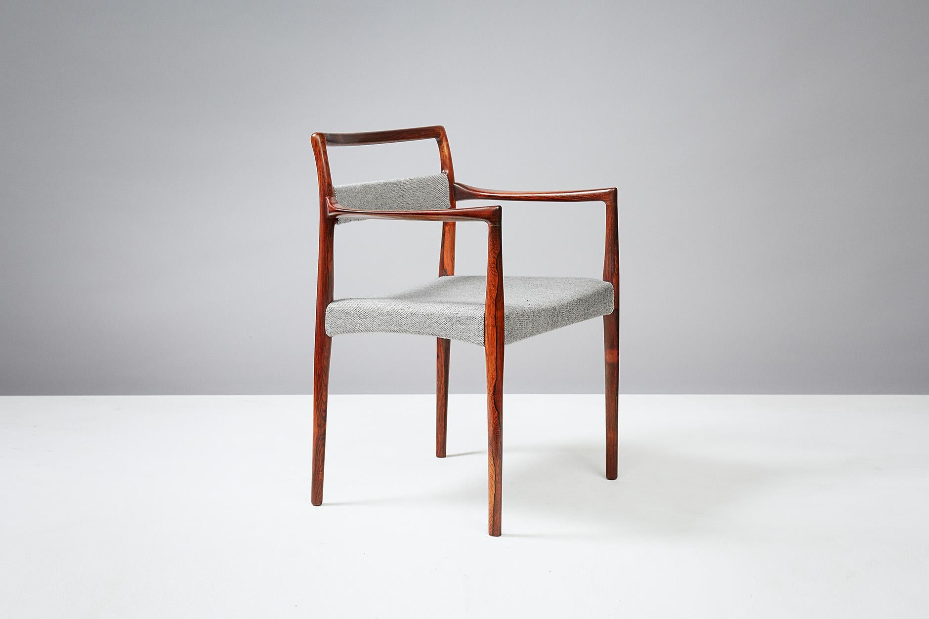Kai Kristiansen

Exotic wood armchair, circa 1960

Produced by Oddense Maskinsnedkeri A/S. Exotic wood frame with upholstered seat and back in Kvadrat Hallingdal wool fabric.