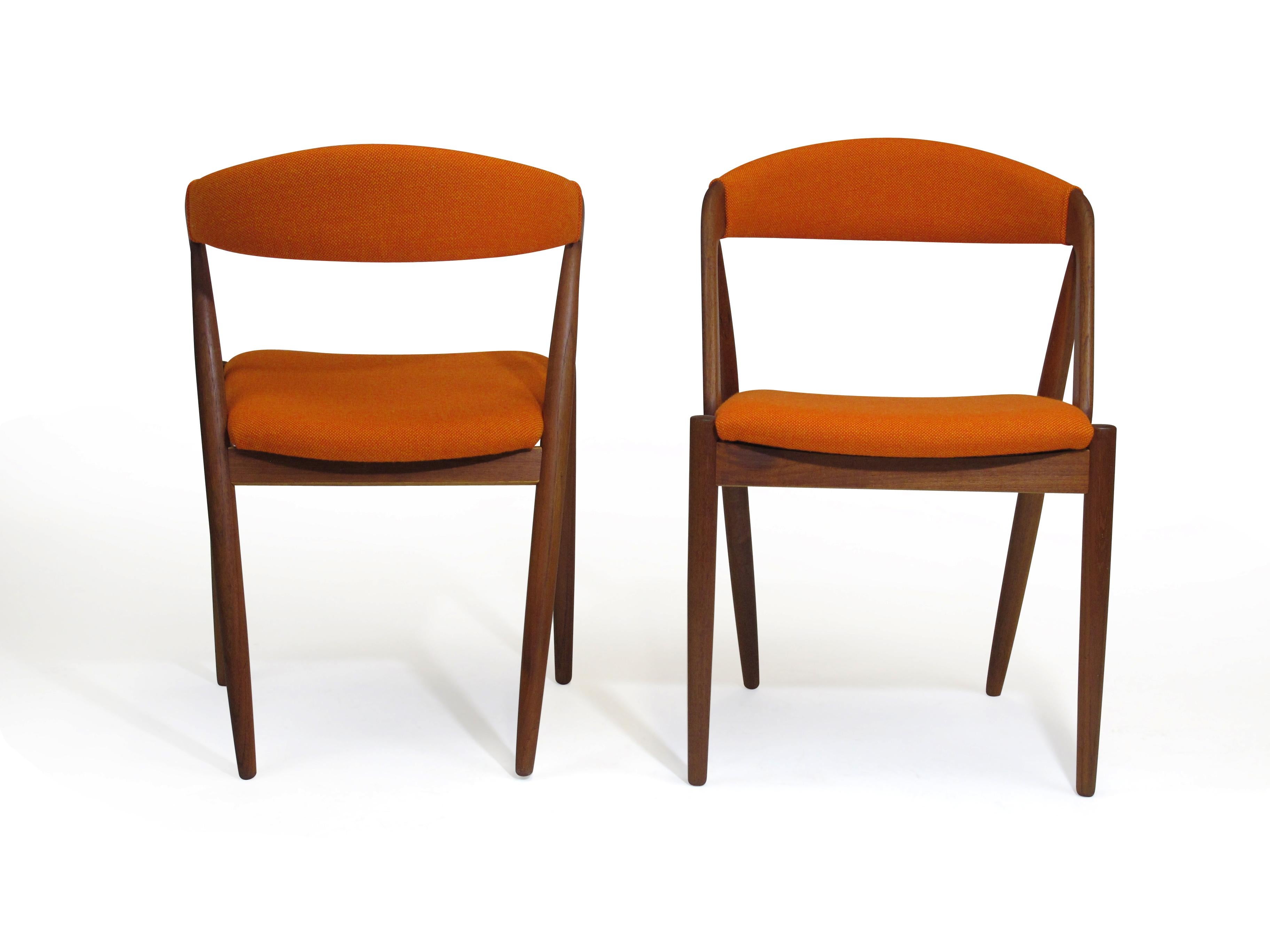 Danish Kai Kristiansen Curved Back Dining Chairs in Orange Wool, Set of Six