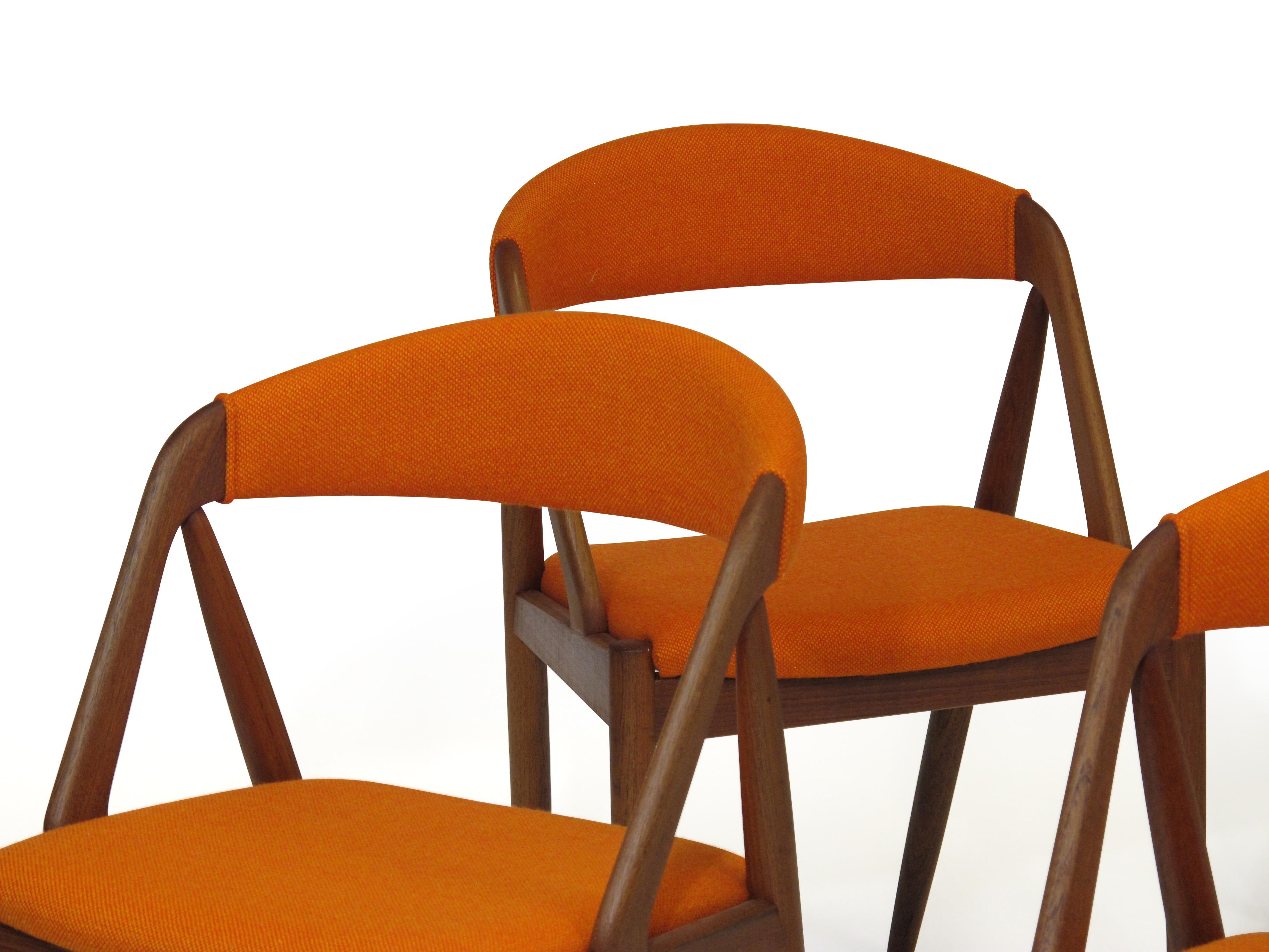 Kai Kristiansen Curved Back Dining Chairs in Orange Wool, Set of Six 3