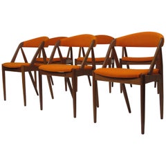 Kai Kristiansen Curved Back Dining Chairs in Orange Wool, Set of Six