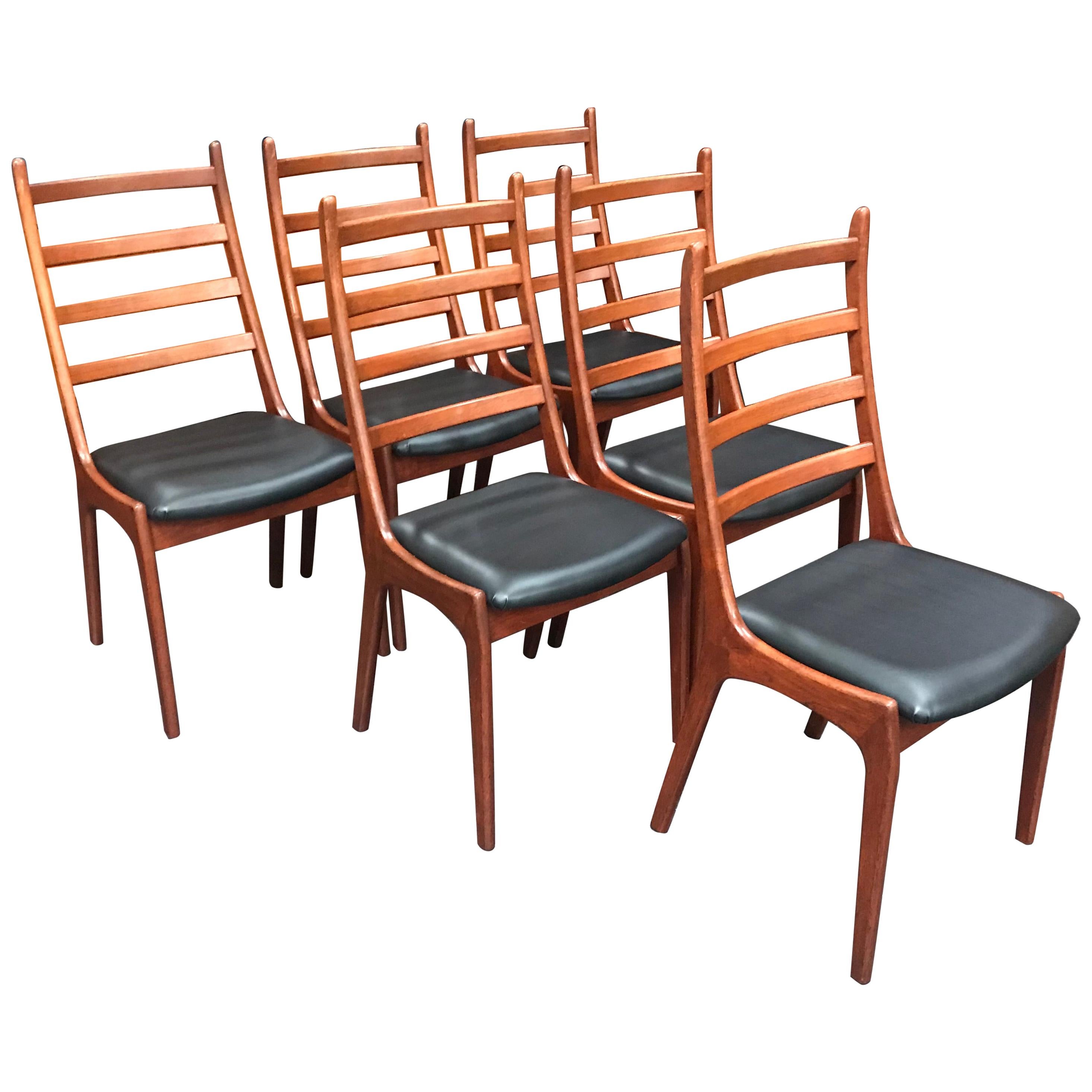 Kai Kristiansen Danish Teak Dining Chairs with Black Vinyl Seat Pads, Set of 6 For Sale