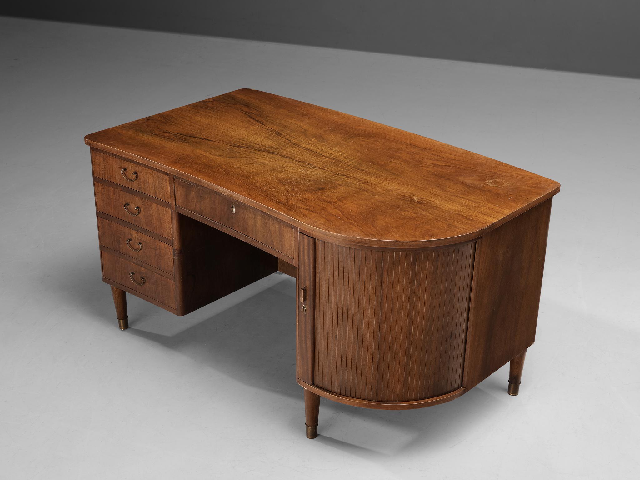 Kai Kristiansen for Feldballes Møbelfabrik, writing desk, model 54, walnut, brass, Denmark, 1950s.

This small and elegant solid walnut desk was designed by Kai Kristiansen and executed by Feldballes Møbelfabrik. The right side of the desk is