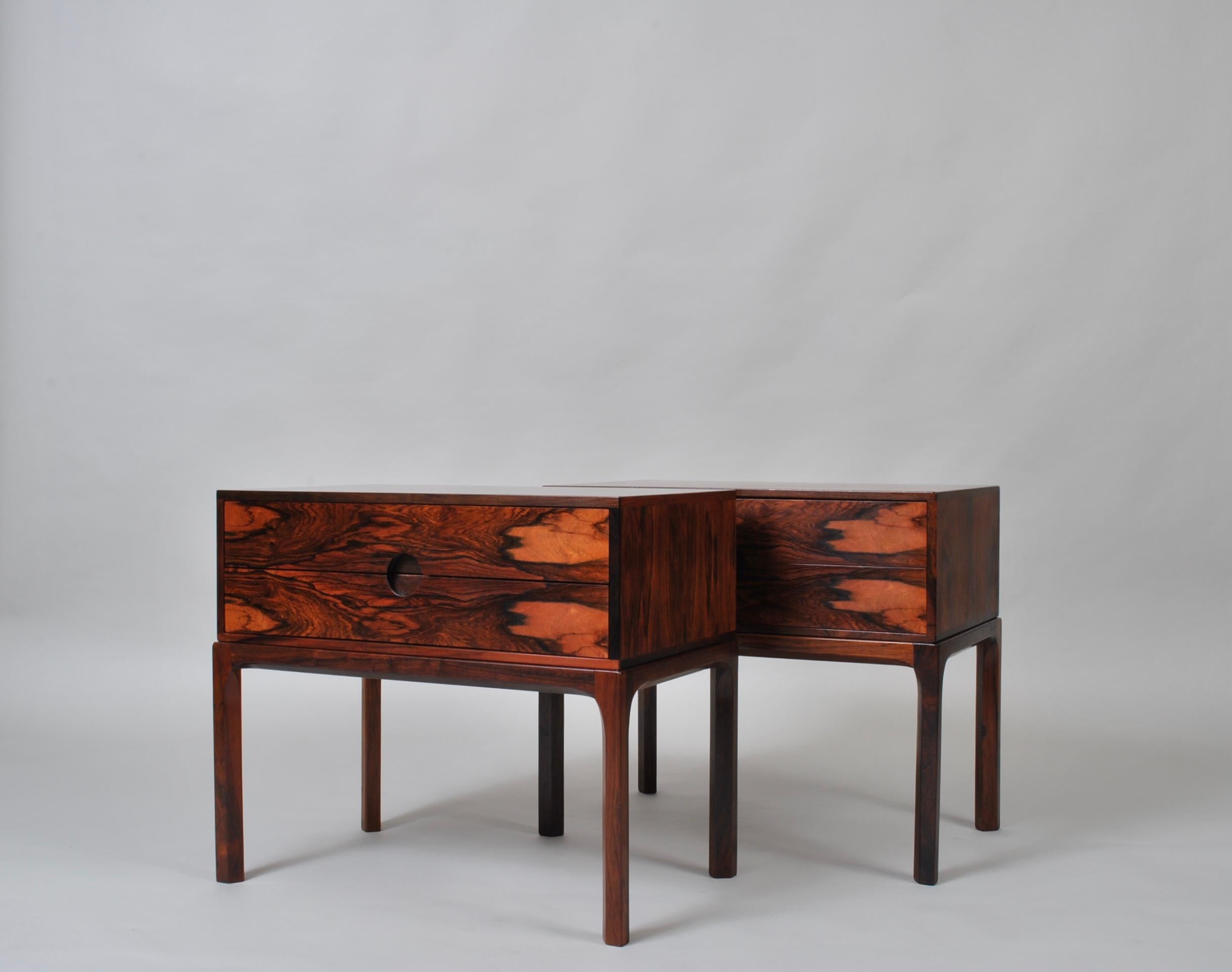 Incredible pair of rare model 384 nightstands or end tables. These were designed by Kai Kristiansen and produced by Aksel Kjersgaard, Odder, Denmark, circa 1960. Superb proportions and design details. Very fine pieces of midcentury furniture design.