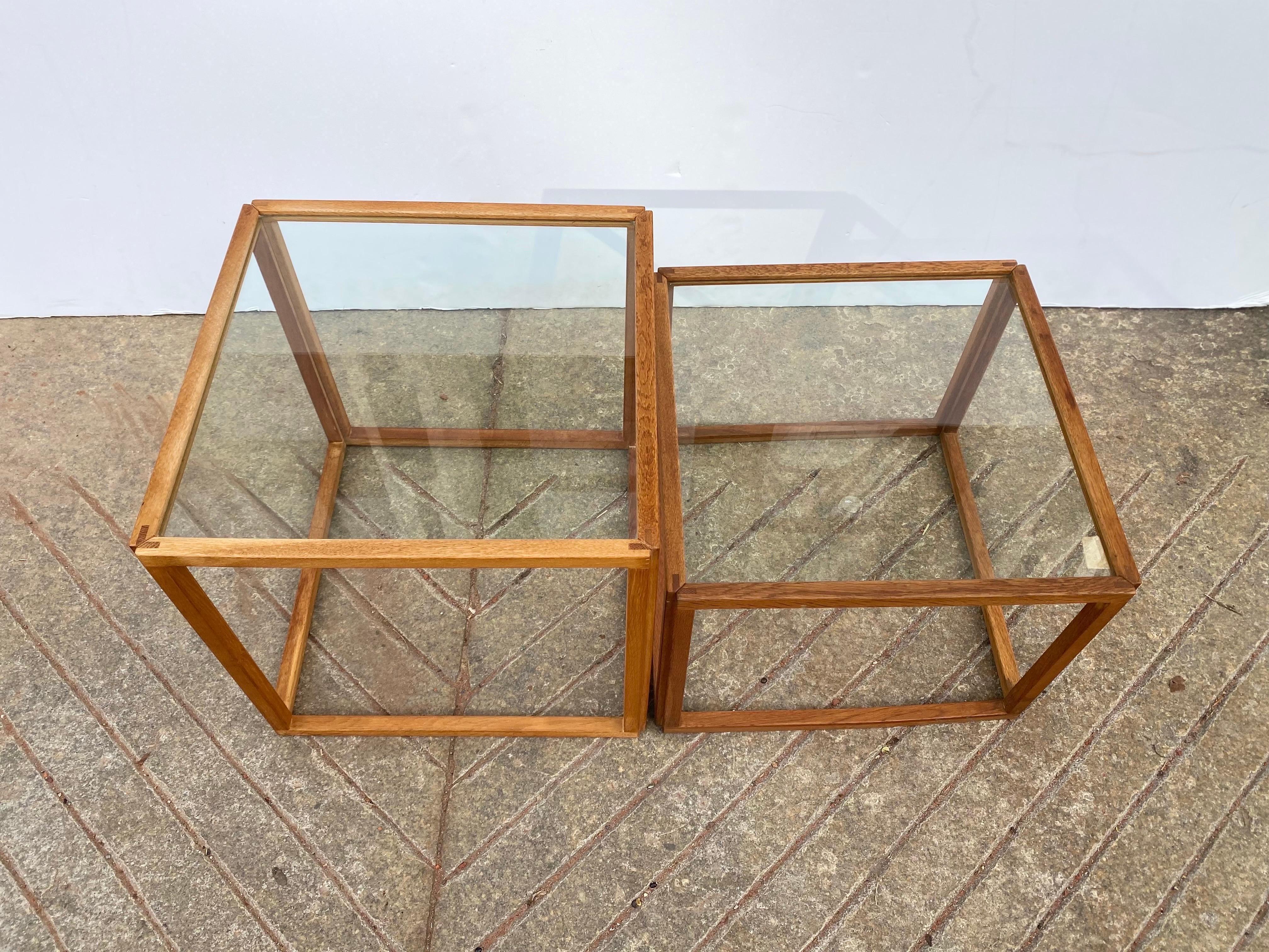 Pair of Glass and Teak Side Tables, perfect to use together or alone.  Taller one is 18