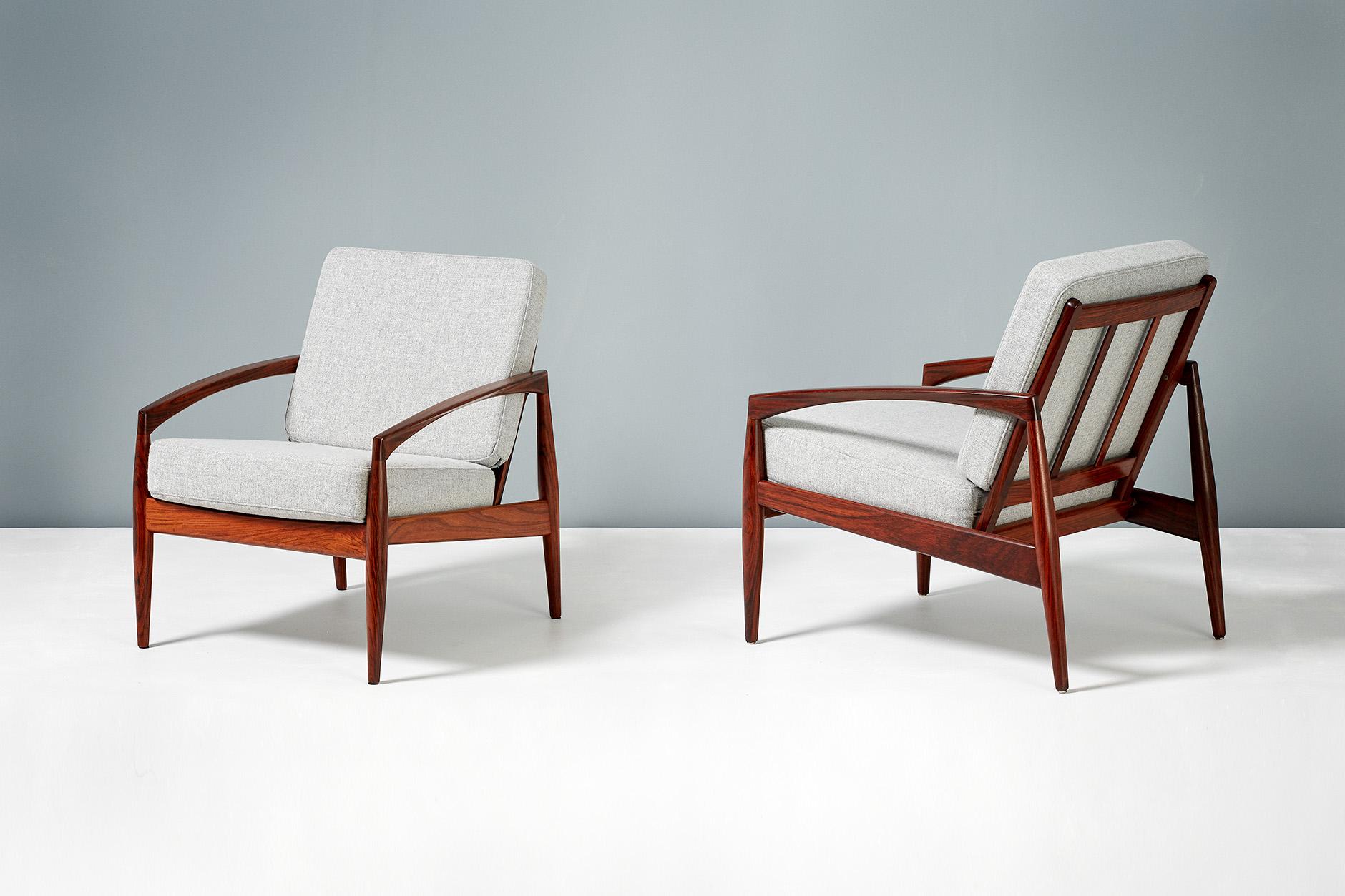 Kai Kristiansen

Pair of paper knife model lounge chairs, 1955.

Produced by Magnus Olesen, Denmark in rosewood. New cushions upholstered in soft grey wool fabric. 

     

  
