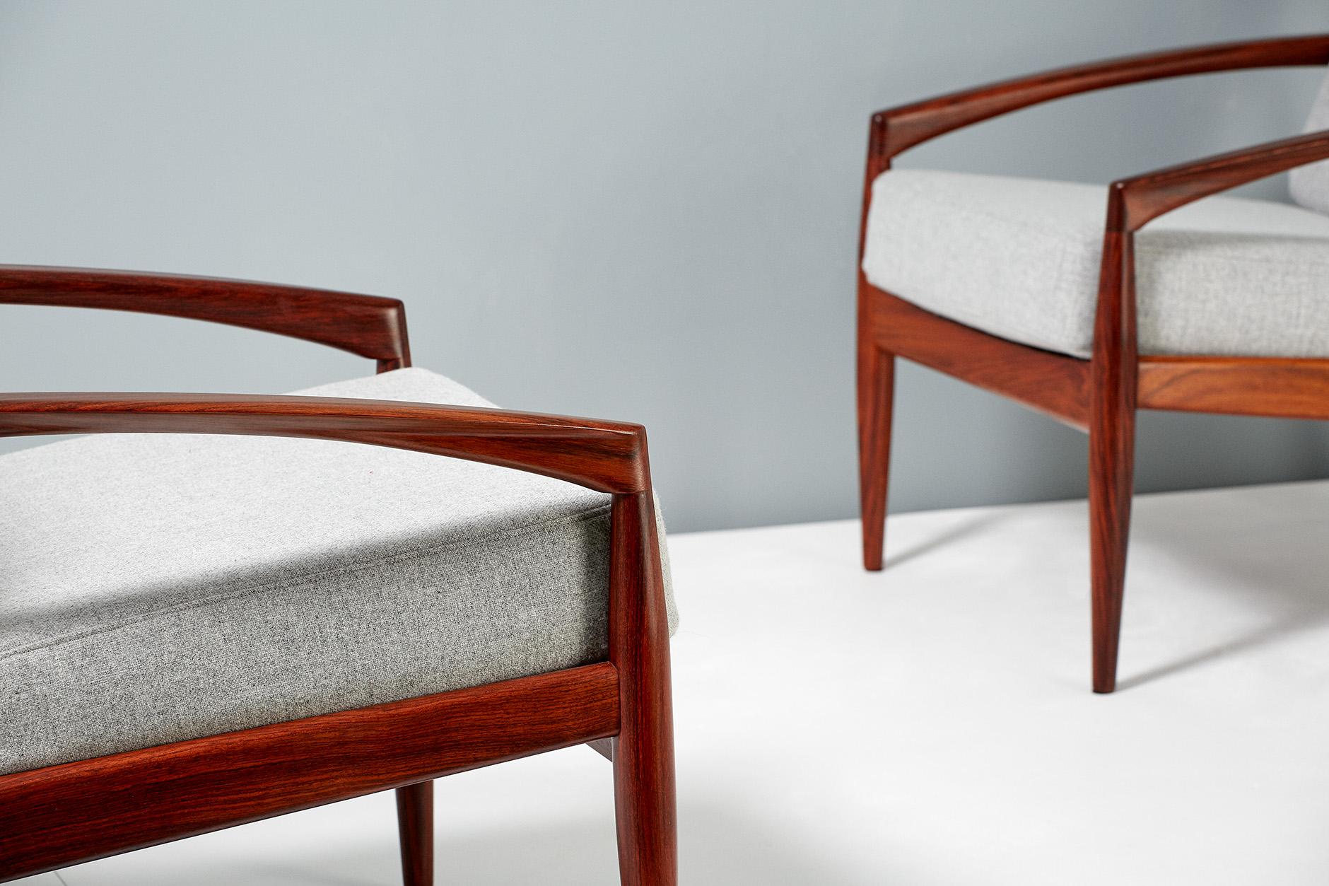 Wool Kai Kristiansen Pair of Rosewood Paper Knife Lounge Chairs, 1950s For Sale