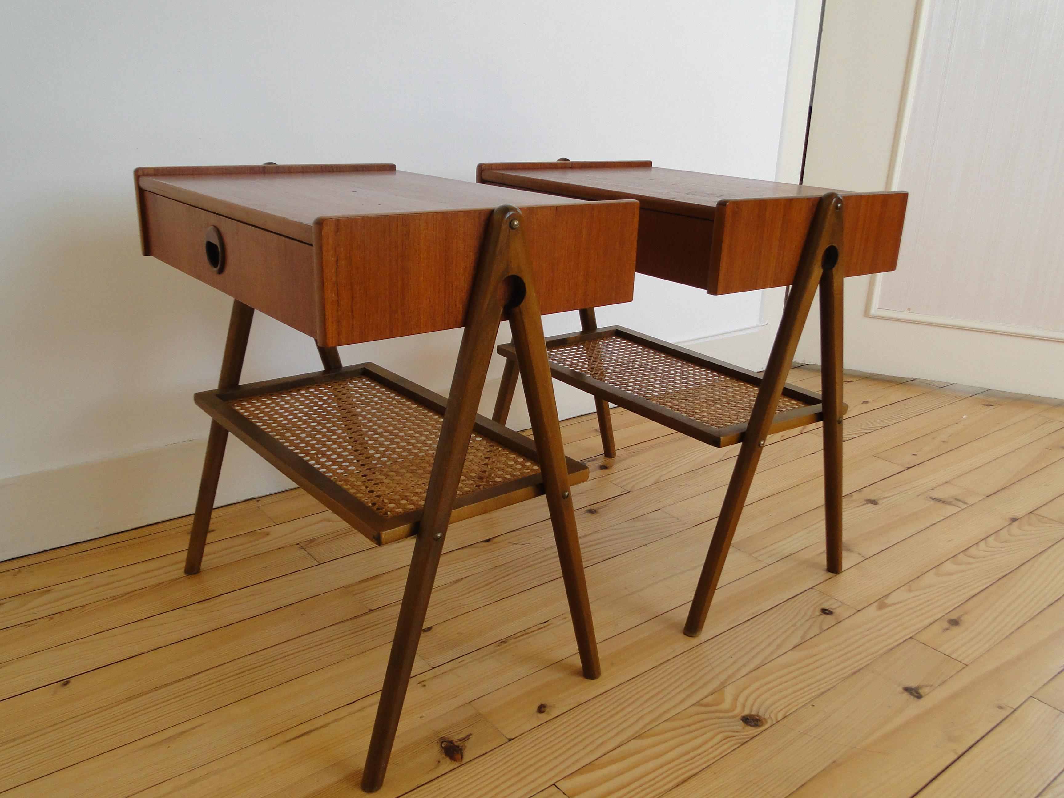 Kai Kristiansen Pair of Teak Bedside Nightstand Tables Shelf in Rattan Denmark 5