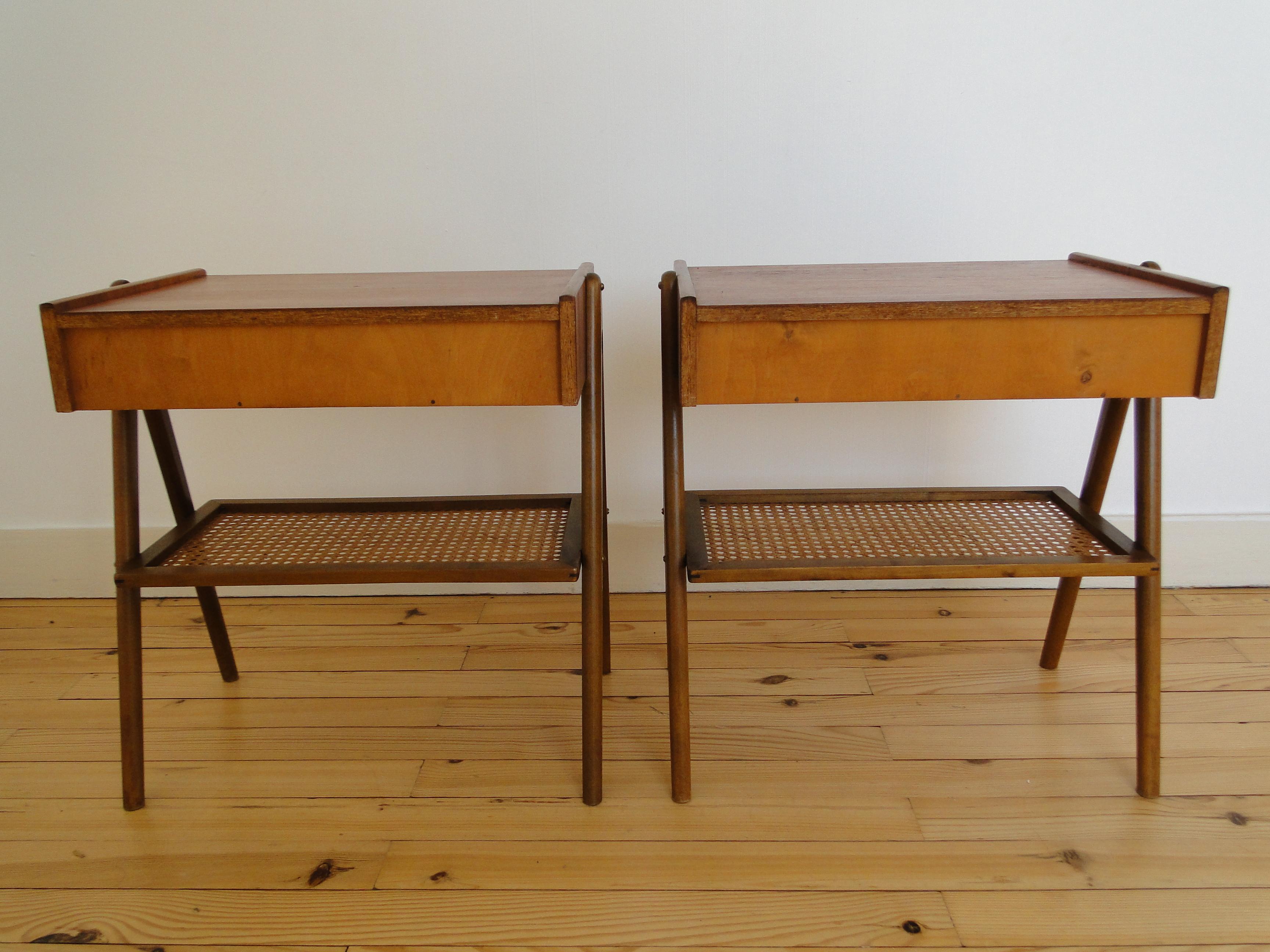 Kai Kristiansen Pair of Teak Bedside Nightstand Tables Shelf in Rattan Denmark 6