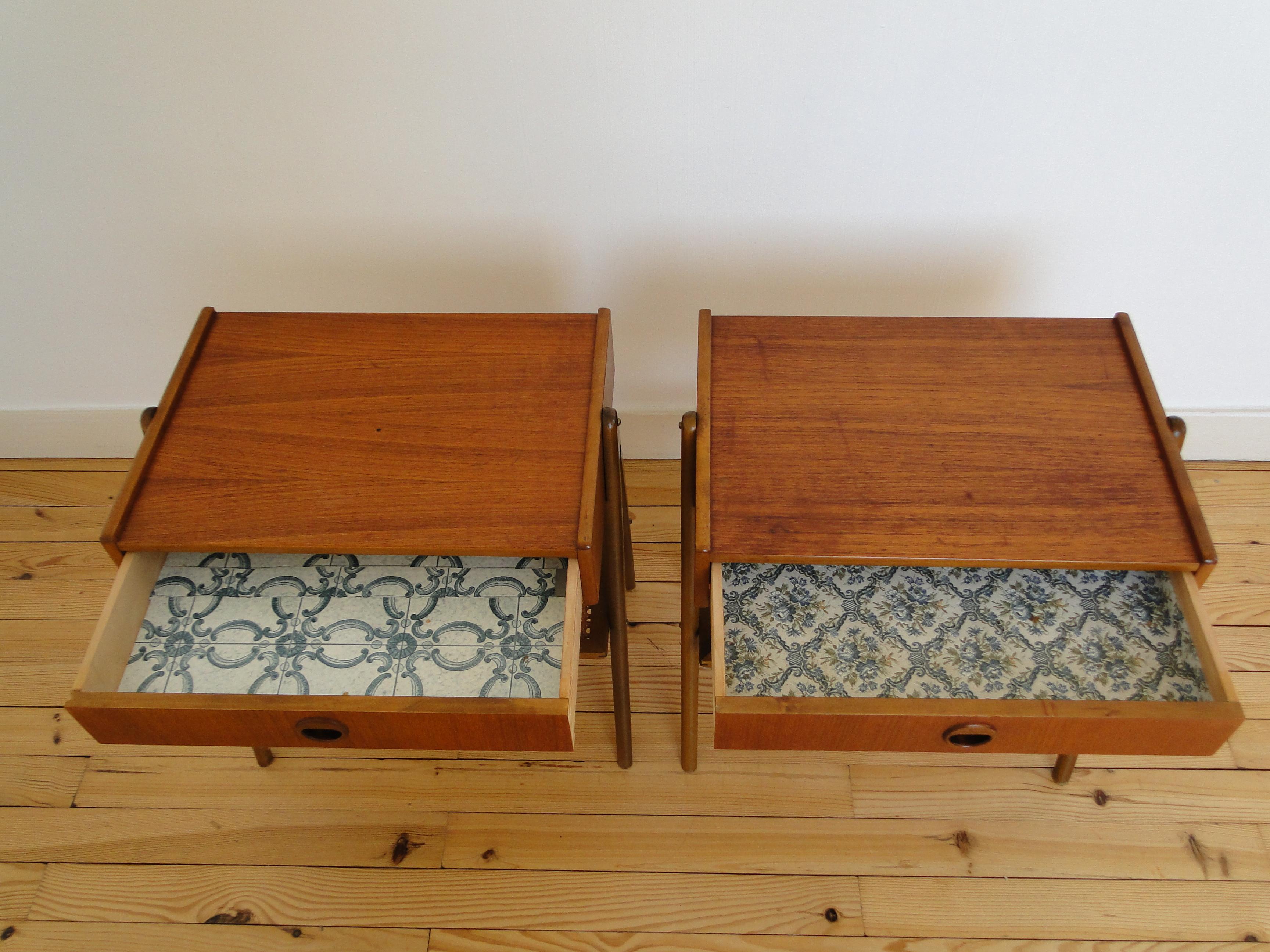 Scandinavian Modern Kai Kristiansen Pair of Teak Bedside Nightstand Tables Shelf in Rattan Denmark