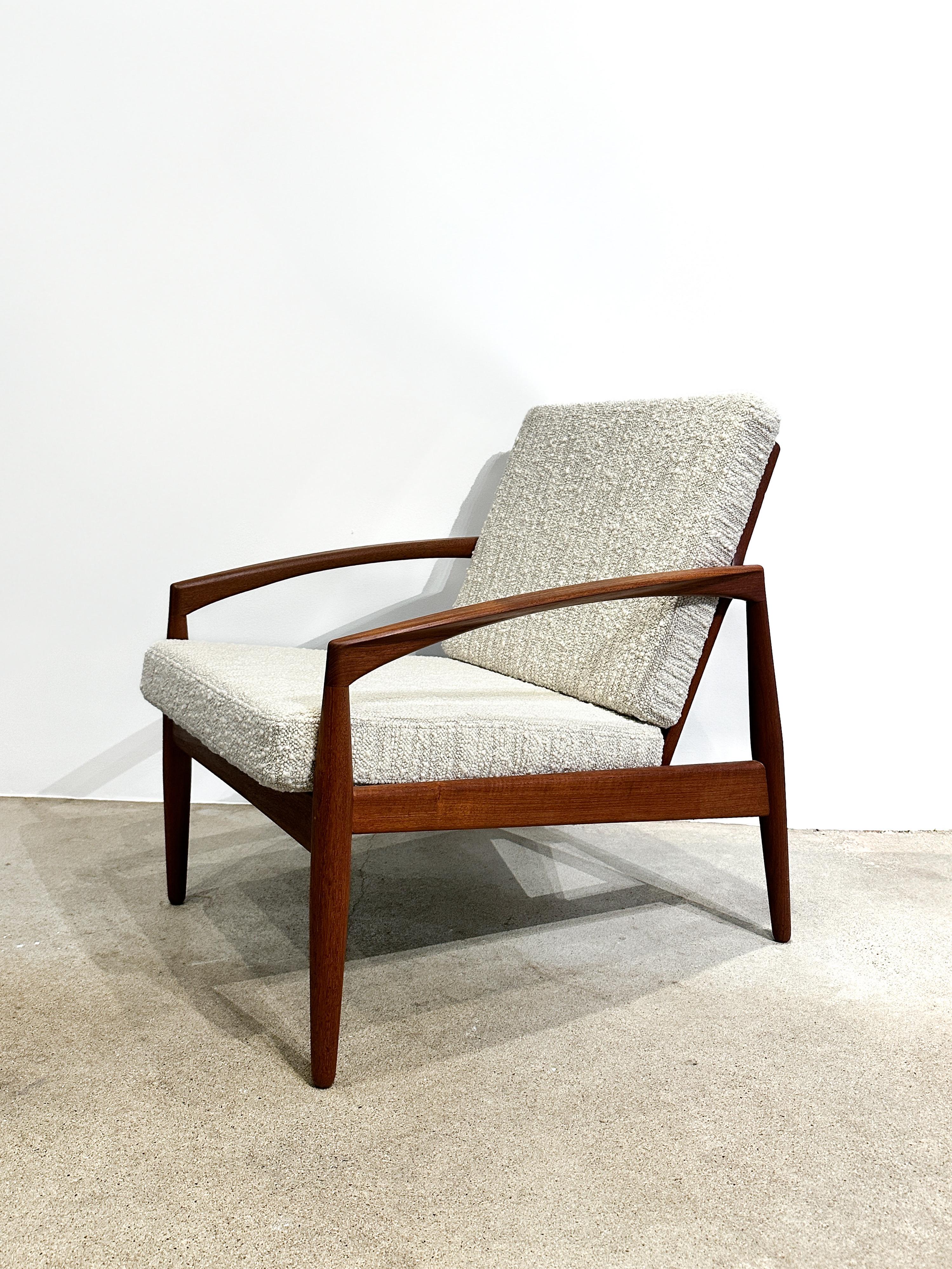 Scandinavian Modern Kai Kristiansen Paper Knife Lounge Chair Teak & Bouclé Wool Dedar 1960s Easy For Sale