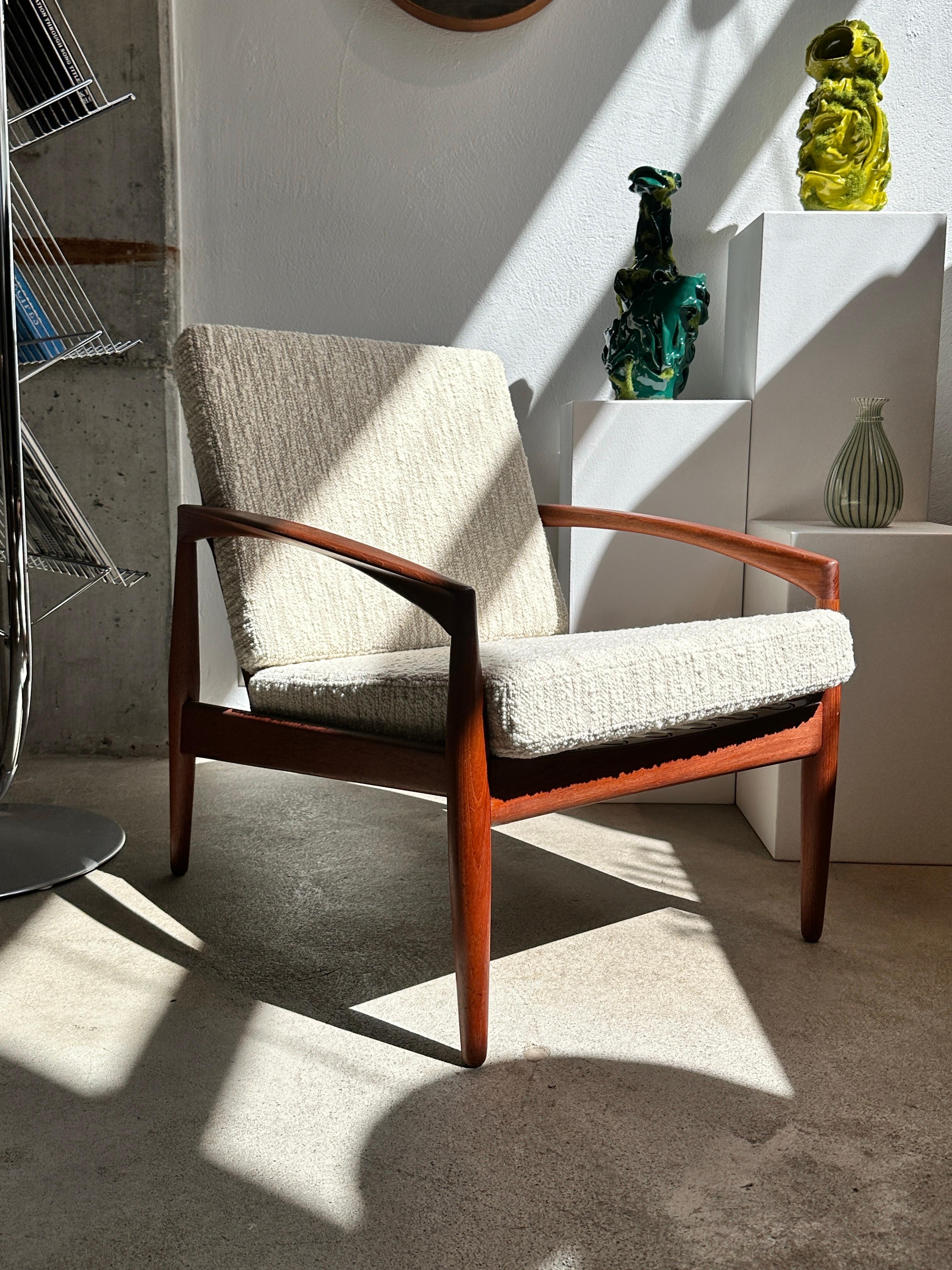 Danish Kai Kristiansen Paper Knife Lounge Chair Teak & Bouclé Wool Dedar 1960s Easy For Sale