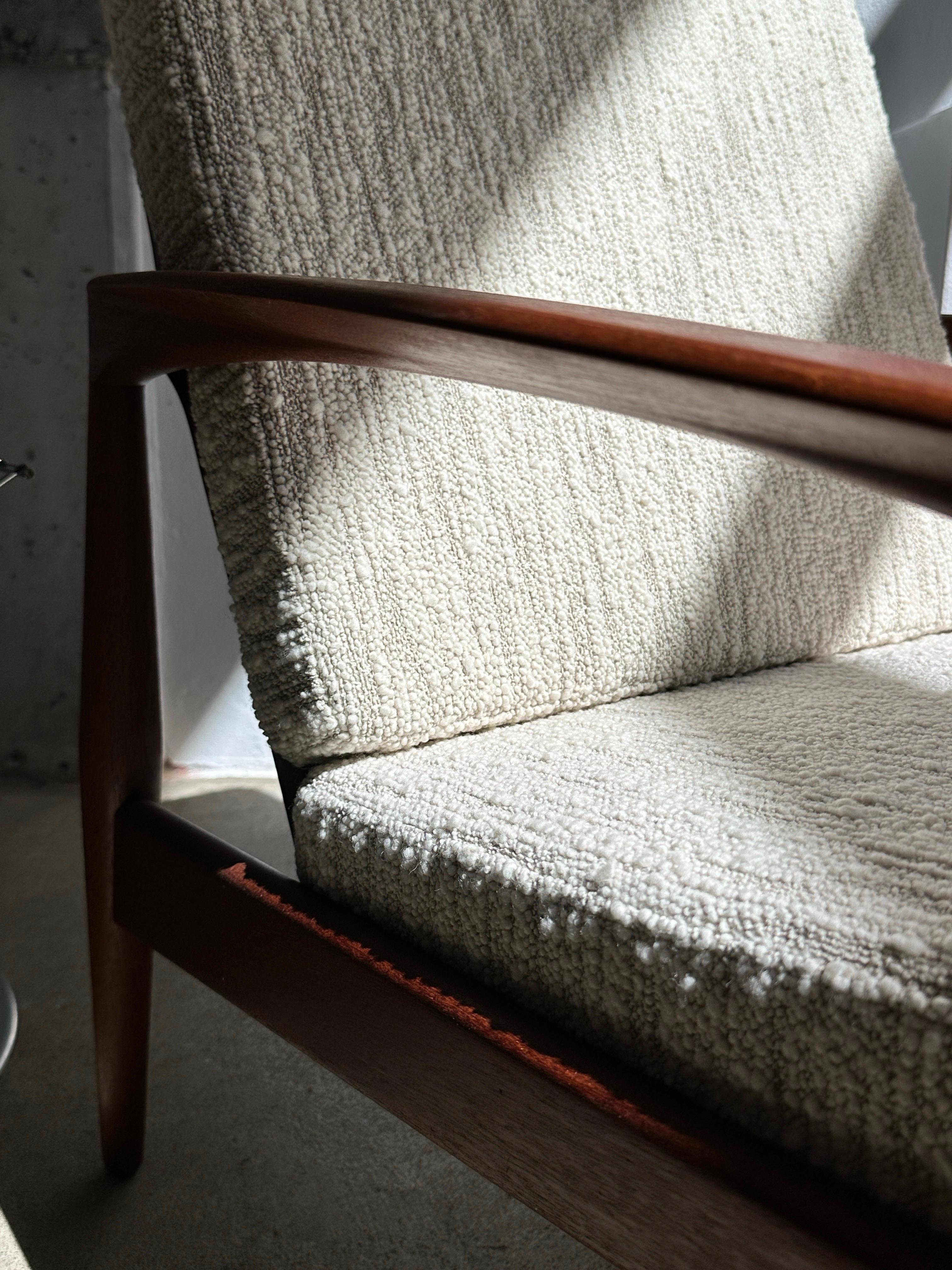 Hand-Crafted Kai Kristiansen Paper Knife Lounge Chair Teak & Bouclé Wool Dedar 1960s Easy For Sale