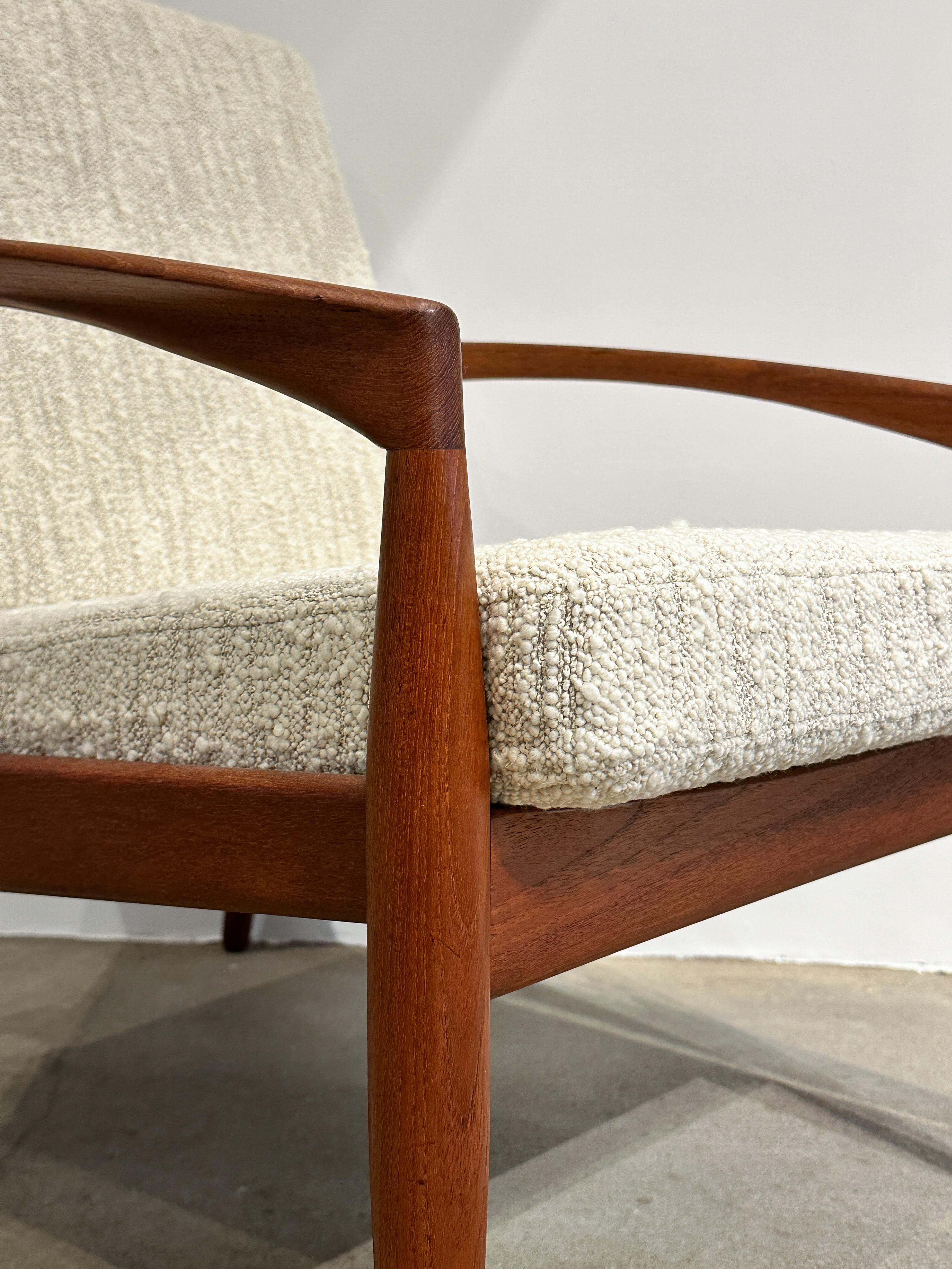 Mid-20th Century Kai Kristiansen Paper Knife Lounge Chair Teak & Bouclé Wool Dedar 1960s Easy For Sale